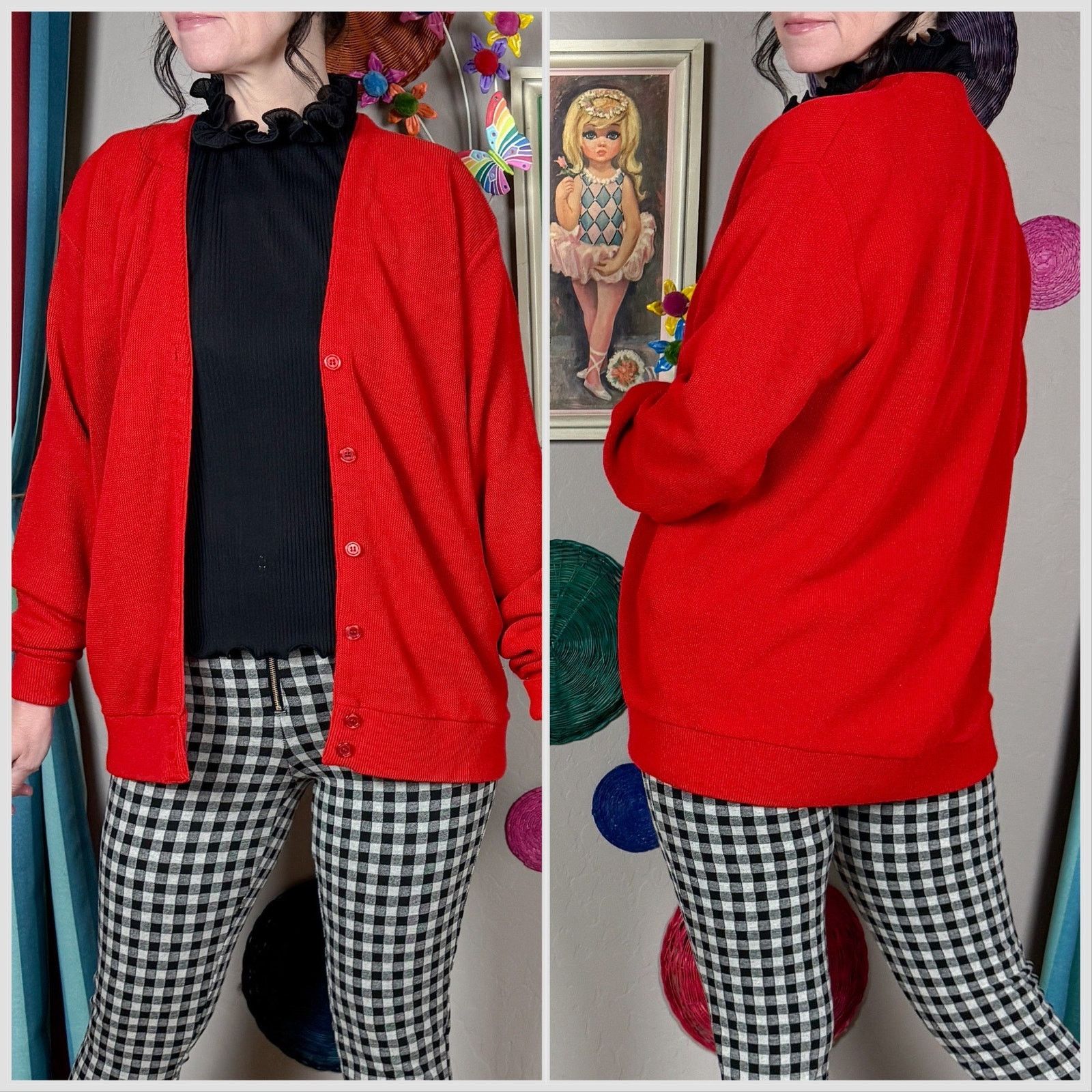 Vintage Vintage 1970s Cherry Red V-Neck Acrylic Cardigan Sweater Size M / US 6-8 / IT 42-44 - 3 Thumbnail