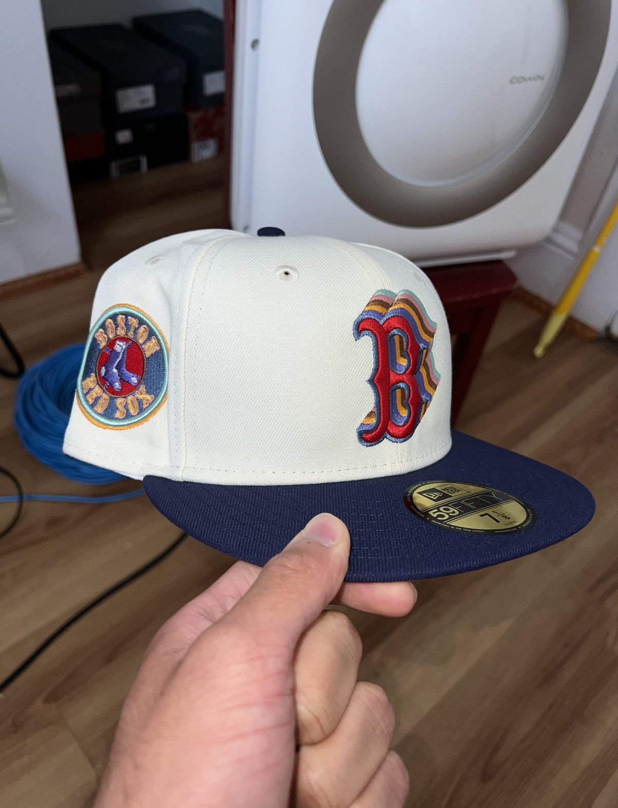 image of Hat Club x Myfitteds 7 1/8 Myfitteds Boston Red Sox Fitted Hat in White/Navy, Men's