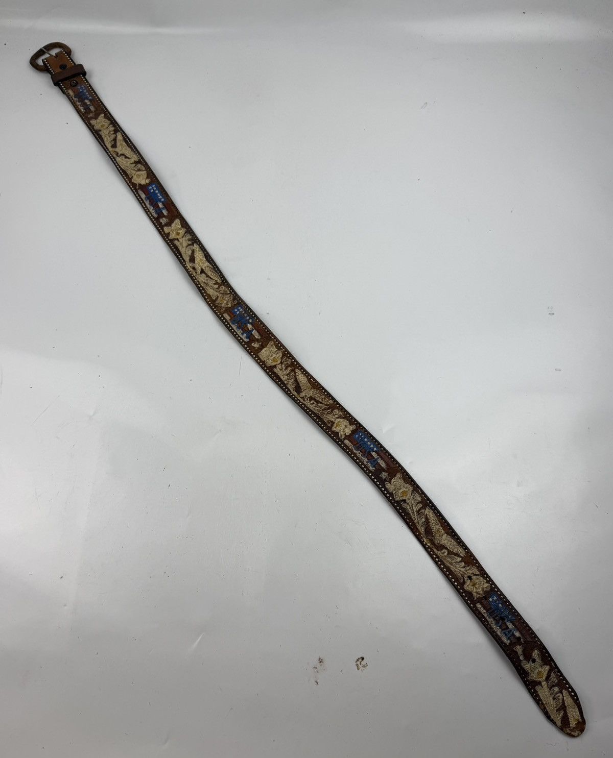 Japanese Brand vintage style distressed painted leather belt tc51 Size 38 - 2 Thumbnail