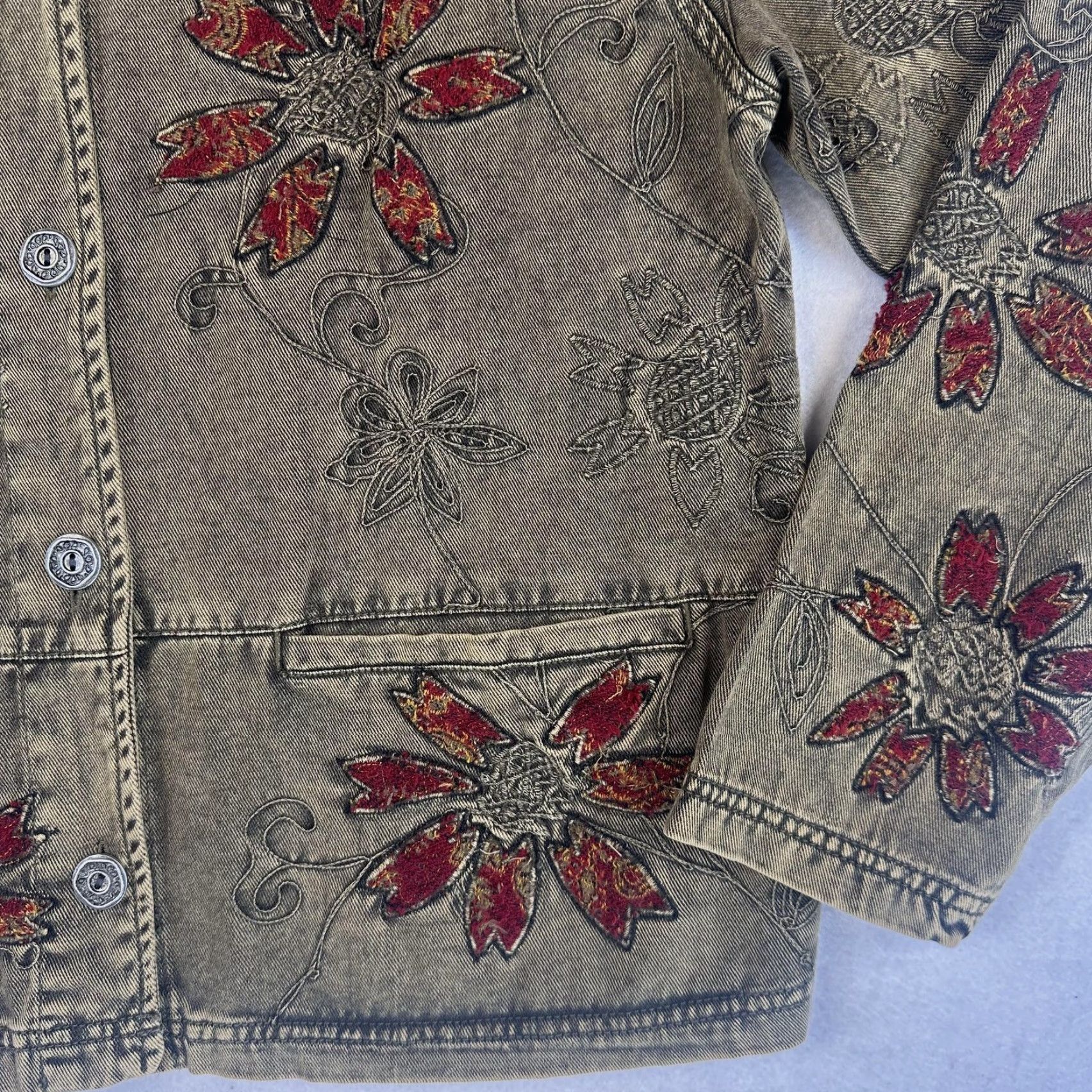 Vintage Chico's Jacket Womens 0 Small Khaki Floral Embroidered Denim Button Collared Pockets Short Size XS / US 0-2 / IT 36-38 - 6 Thumbnail