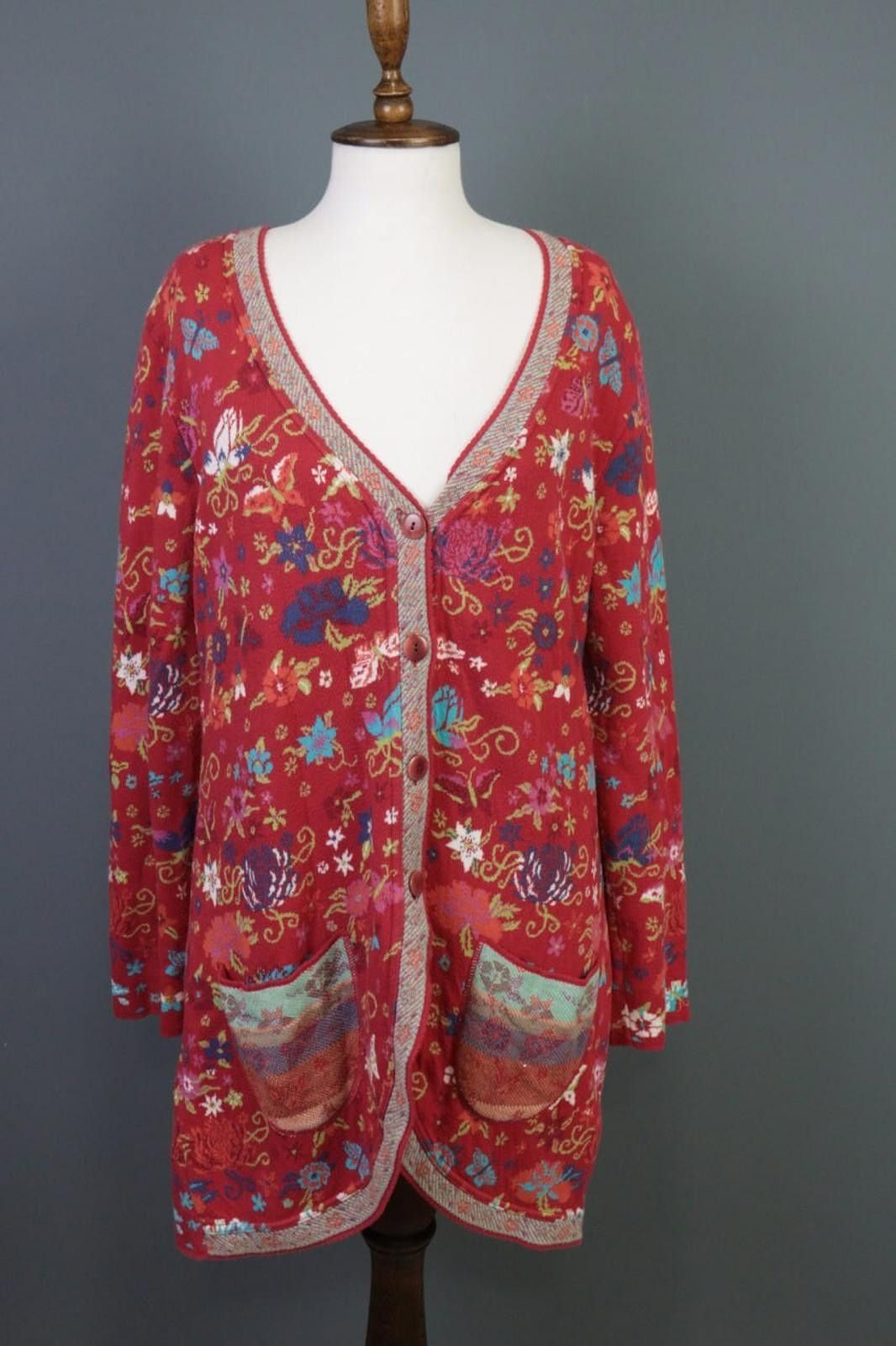 Designer Dunque Red Floral Wool Button Cardigan Sweater Size XL Size XL / US 12-14 / IT 48-50 - 1 Thumbnail