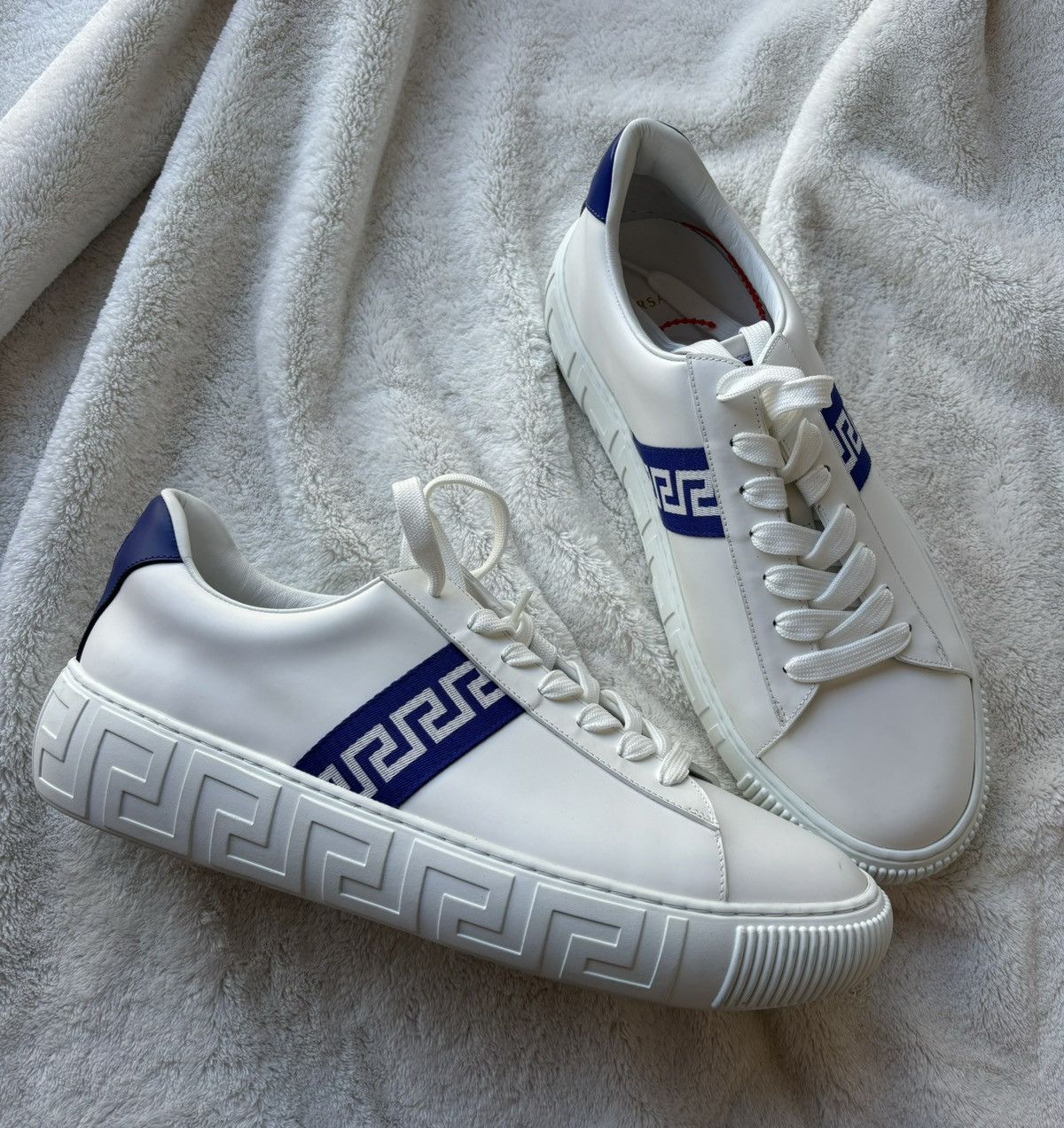 Versace White Striped La Greca Sneakers