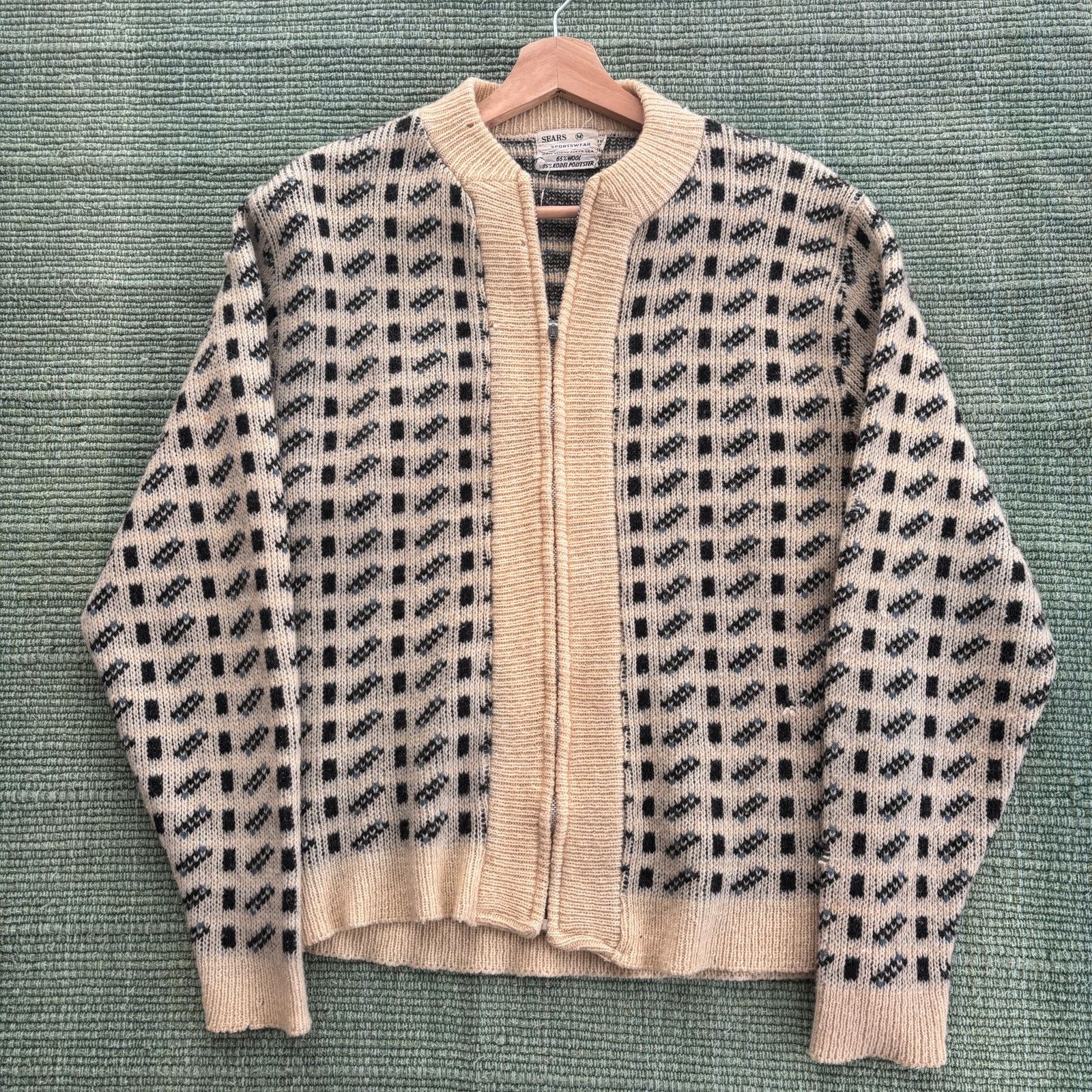 Sears × Vintage 1960s Sears brand zip up wool cardigan, cream and black Size US M / EU 48-50 / 2 - 1 Thumbnail