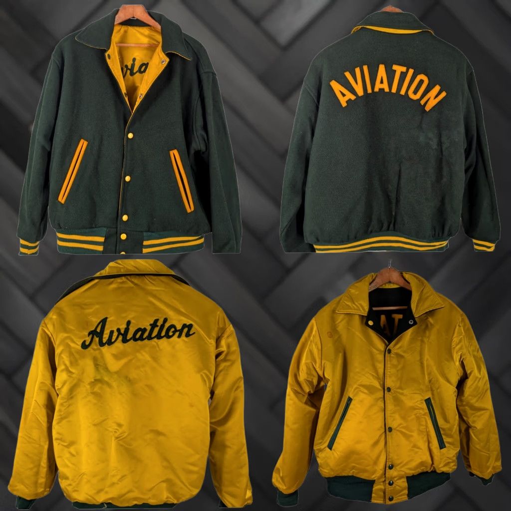 CO VINTAGE Hewitt Mfg Co AVIATION Reversible Letterman Varsity Jacket USA Wool Nylon 1950s 46" Chest Golden Yellow Green Mens Women? Size US S / EU 44-46 / 1 - 1 Thumbnail