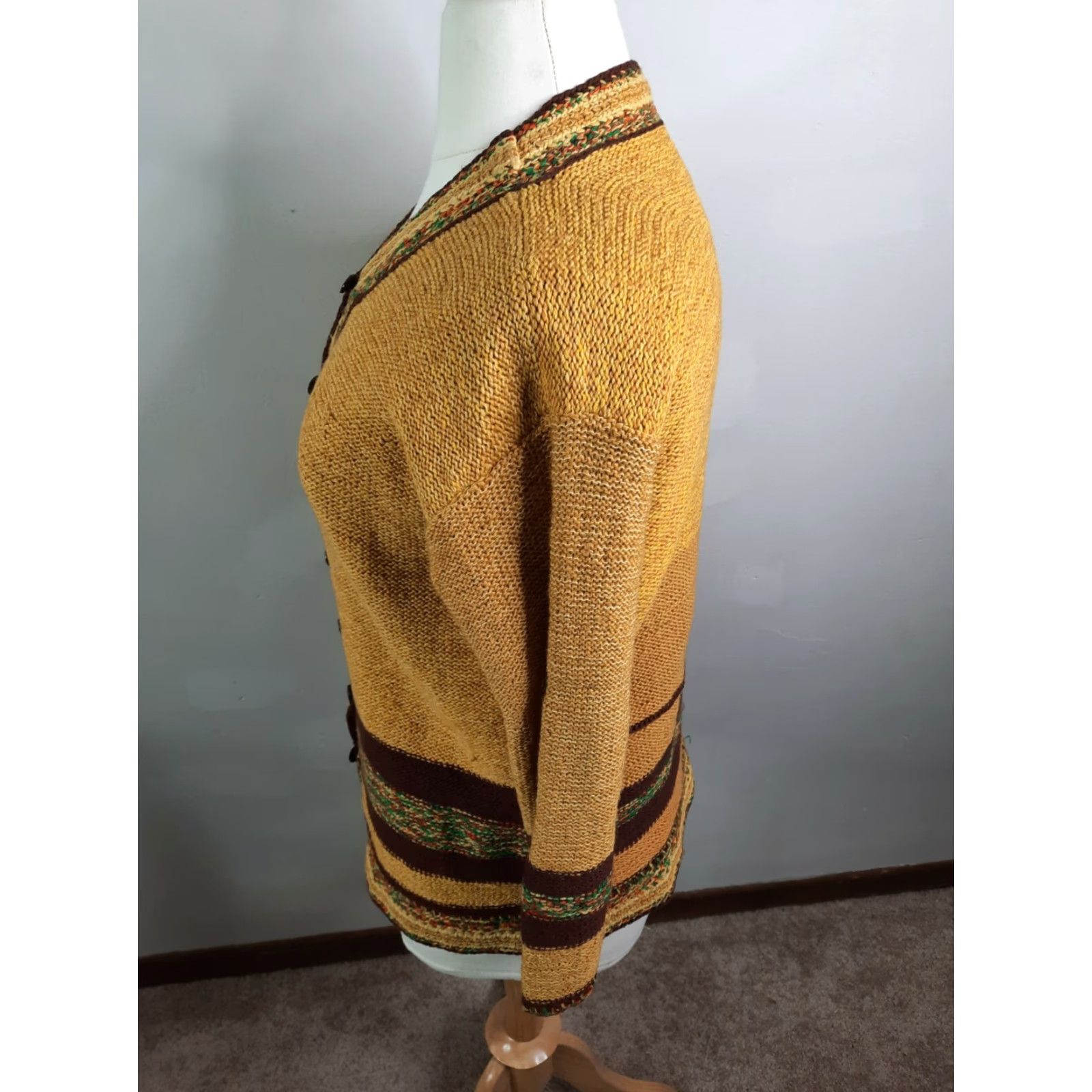 Vintage VINTAGE 70s Cardigan Sweater Women XL Yellow Brown Boho V Neck Round Neck 70s Pattern Knit Acrylic Belted Shoestring Not Included Size XL / US 12-14 / IT 48-50 - 4 Thumbnail