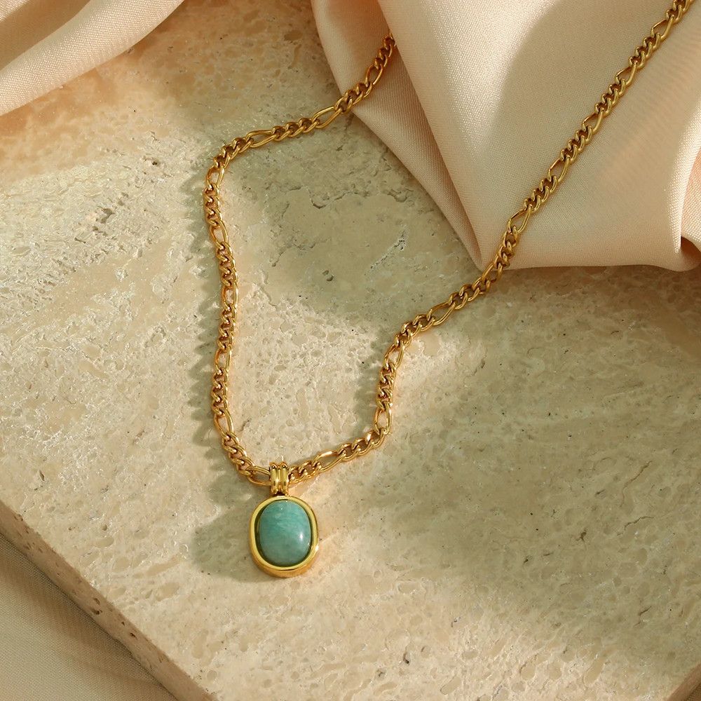Jewelry × Vintage Figaro Chain Oval Natural Amazonite Stone Size ONE SIZE - 4 Thumbnail