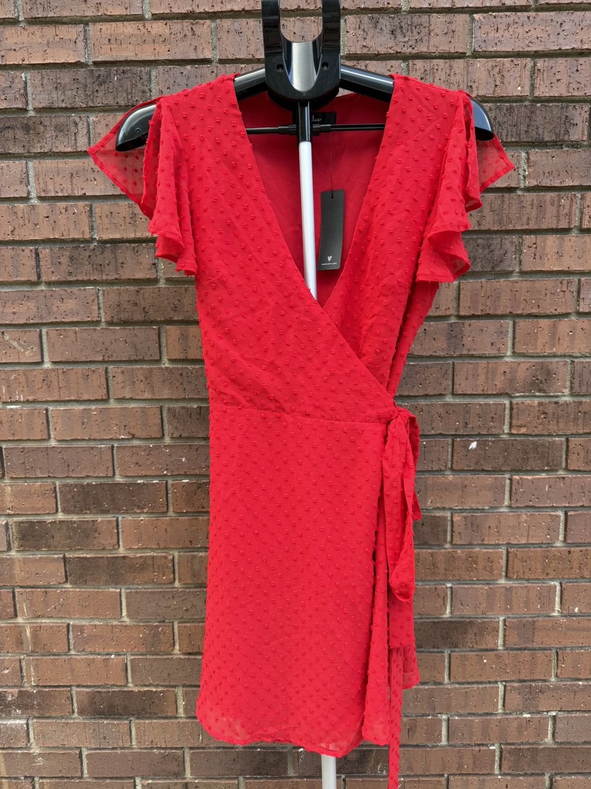 Lulus Lulus Red Swiss Dot Flutter Sleeve Wrap Mini Dress Size S / US 4 / IT 40 - 1 Thumbnail