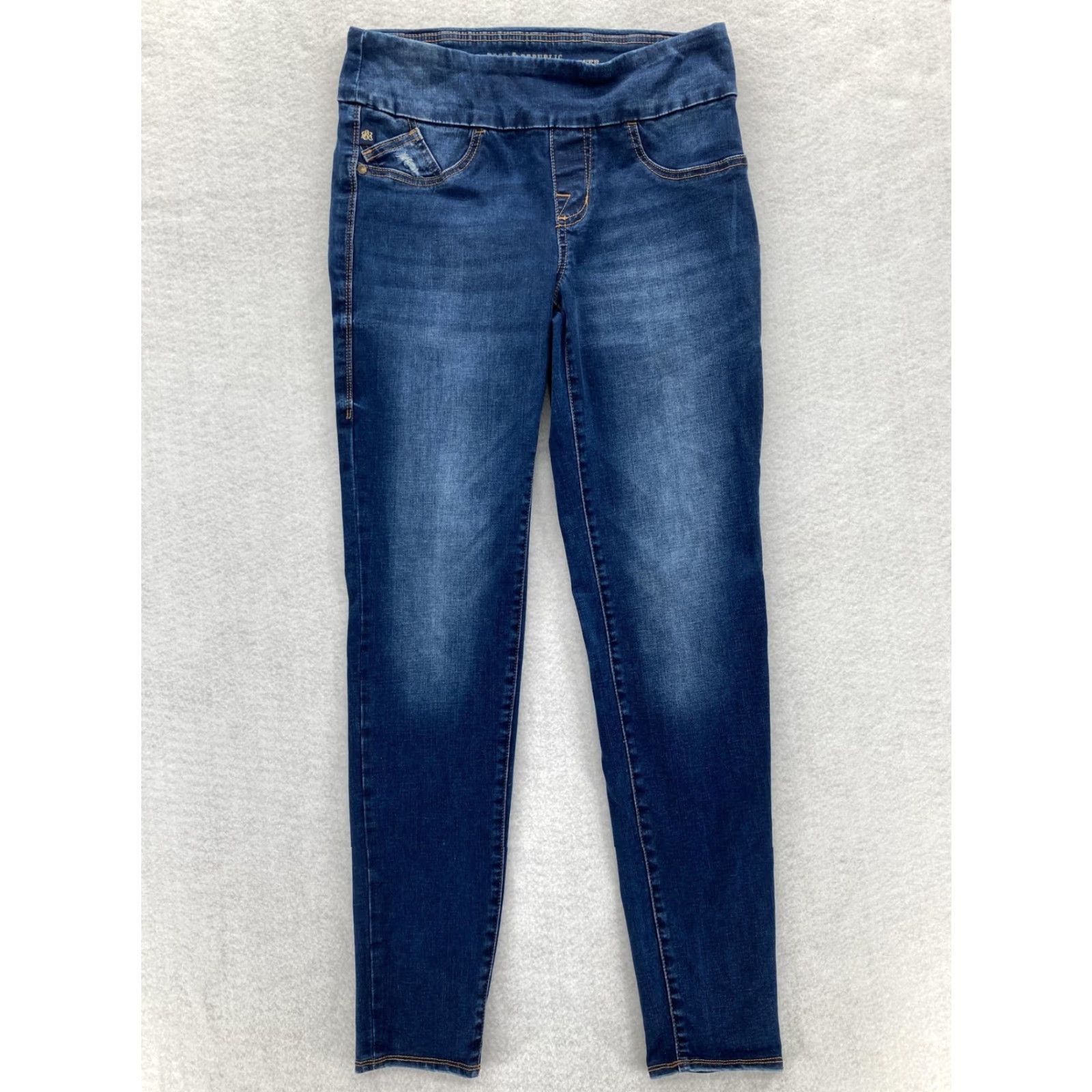 Vintage Rock & Republic Jeans Womens 8 Blue Denim RX Fever Pull On Skinny High Rise Slimming Stretch Distressed Logo 90s Grunge Size 30" / US 8 / IT 44 - 2 Thumbnail