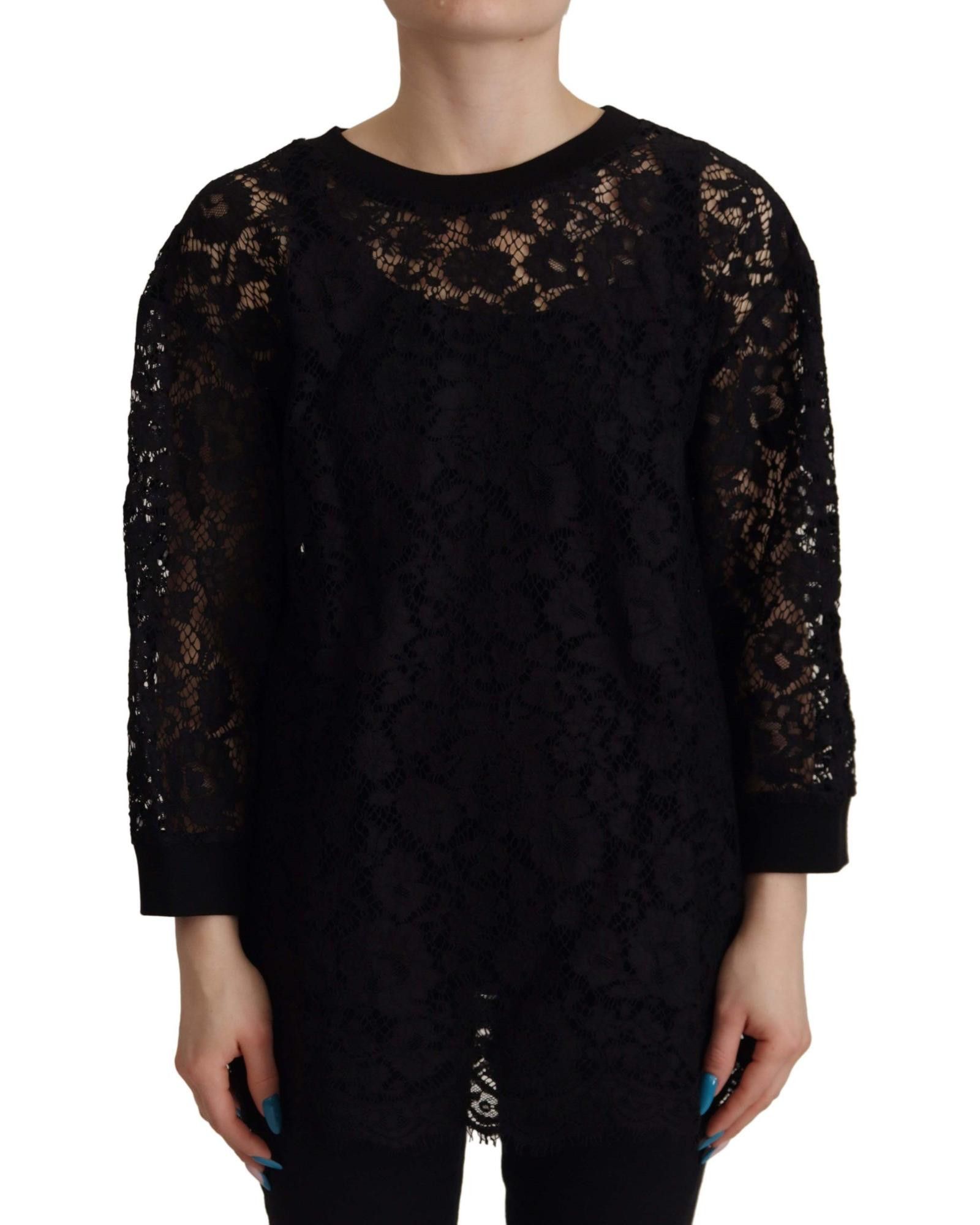 image of Dolce Gabbana Floral Lace Long Sleeve Pullover Blouse in Black, Women's (Size XS)