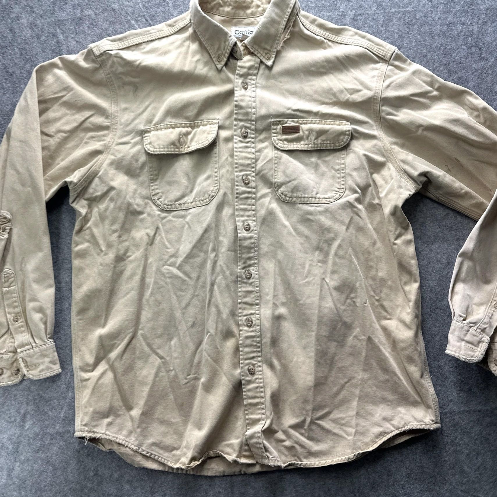 Carhartt VINTAGE Carhartt Shirt Mens XLT Beige Cotton Twill Workwear Button Up Distressed Size US XL / EU 56 / 4 - 5 Thumbnail