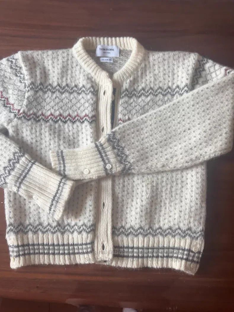Thom Browne Brocade Knit Cardigan Beige with Red and Blue