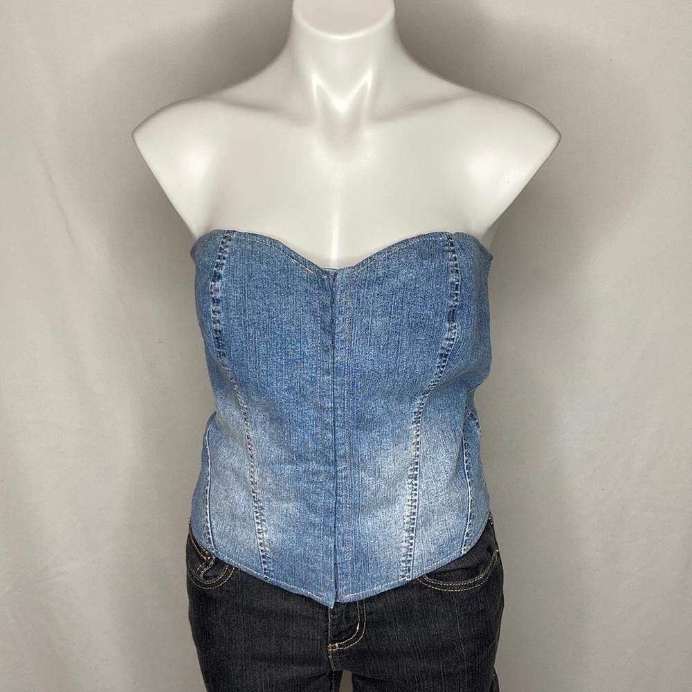 Designer Retro Denim Lace-Up Corset w/ Hook and Eye Front Closure, L Size L / US 10 / IT 46 - 2 Thumbnail