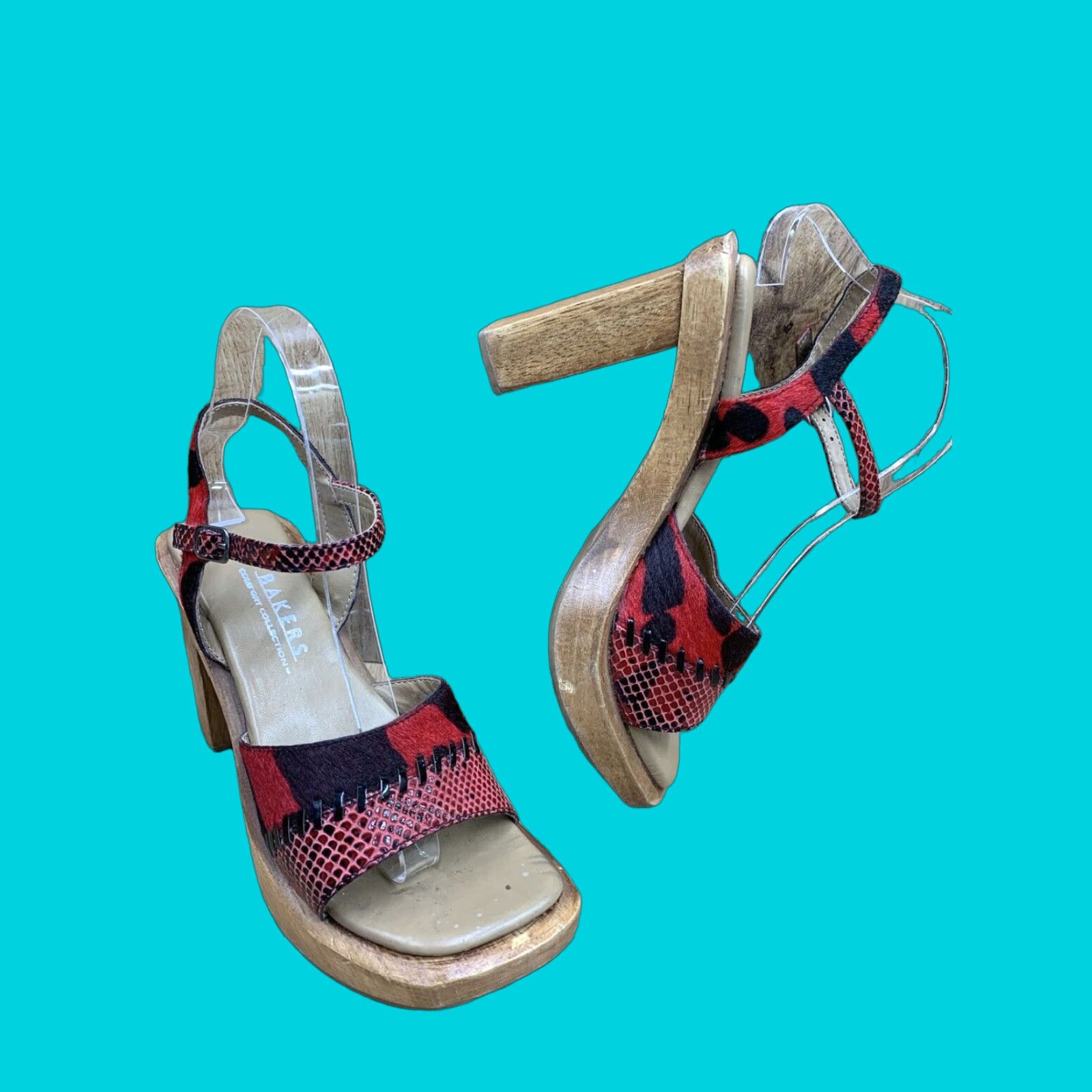 Vintage Baker's Cobra Comfort Collection Platform Heel Shoes WomenS Size 6M Red Animal Print Block High Heel, Women's