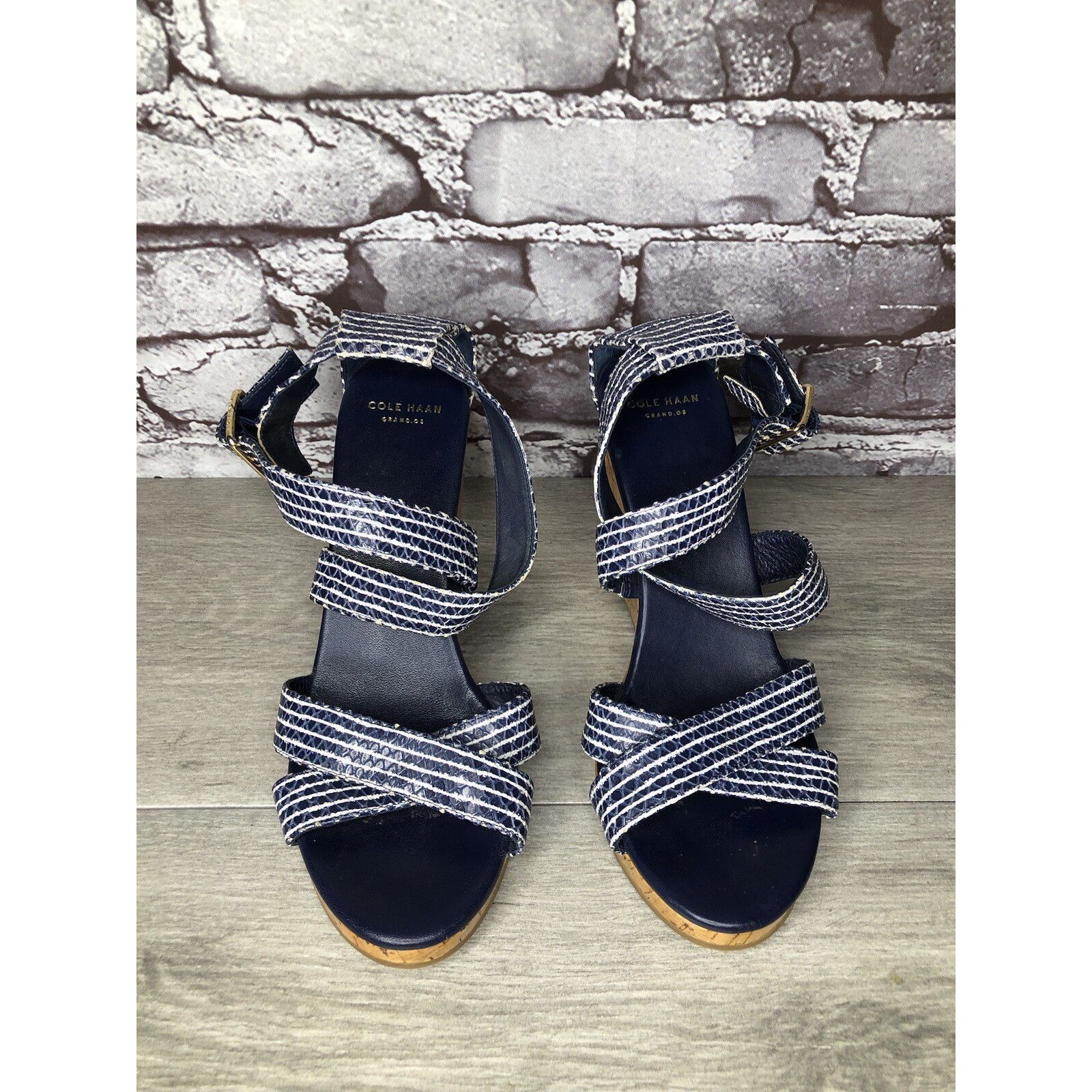Cole Haan Cole Haan Grand OS Blue White Stripe Leather Cork Wedge Sand Size US 7.5 / IT 37.5 - 2 Thumbnail