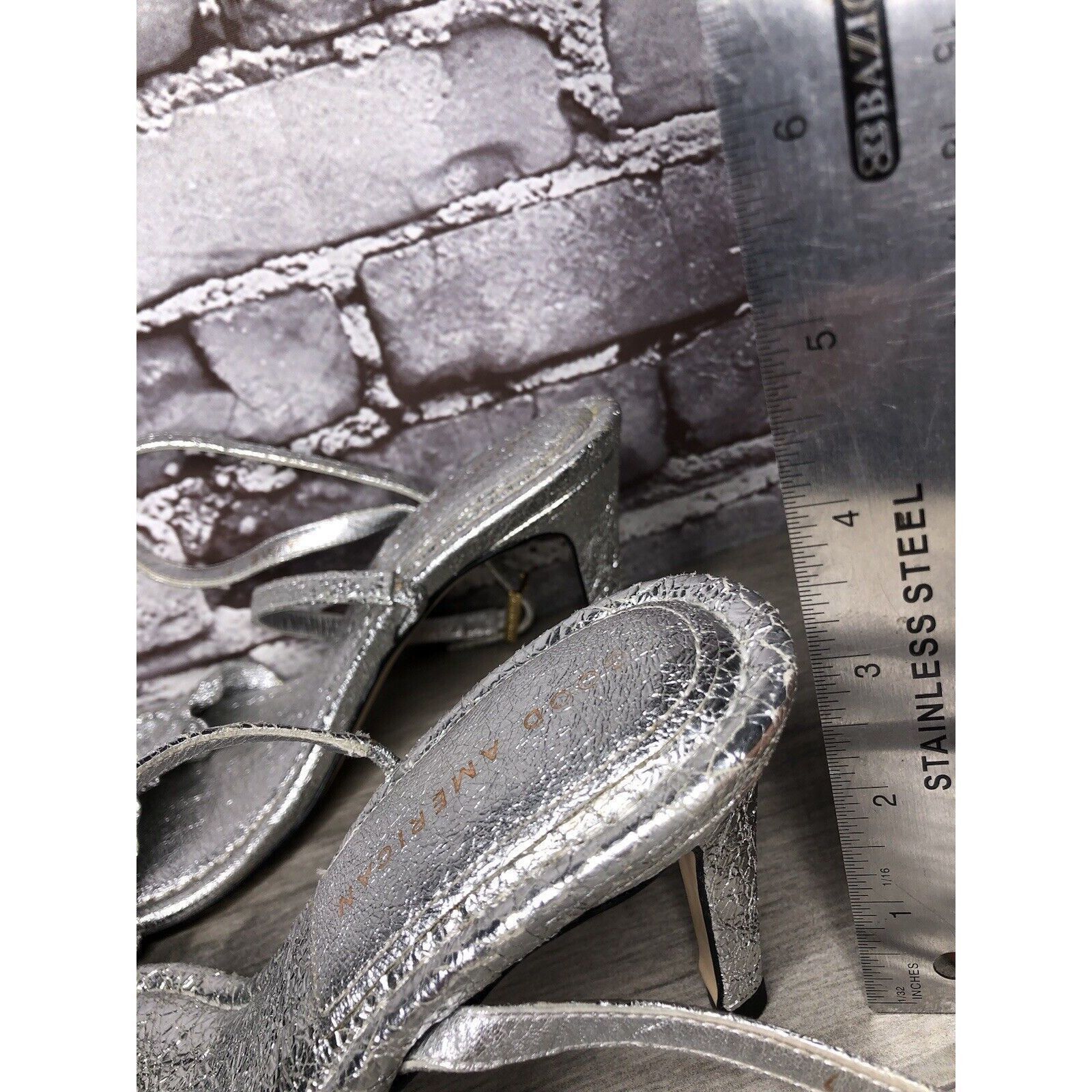 Other GOOD AMERICAN Metallic Silver Leather Strap Heeled Sandals W Size US 7 / IT 37 - 8 Thumbnail