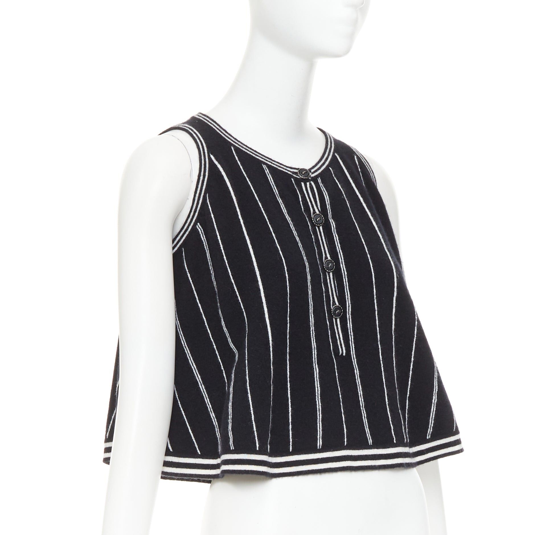 Chanel CHANEL 2015 100% cashmere black white striped A-line flared crop camisole tank FR 34/36 Size S / US 4 / IT 40 - 1 Thumbnail