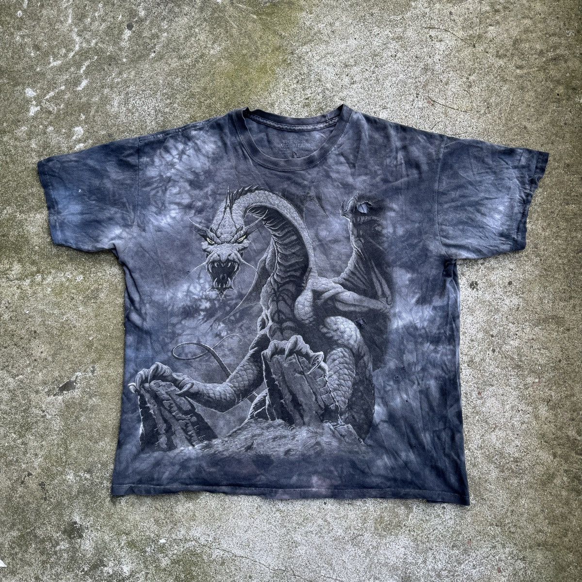 image of The Mountain x Vintage 2000S Y2K Thrashed Faded Dragon Tee in Grey, Men's (Size XL)