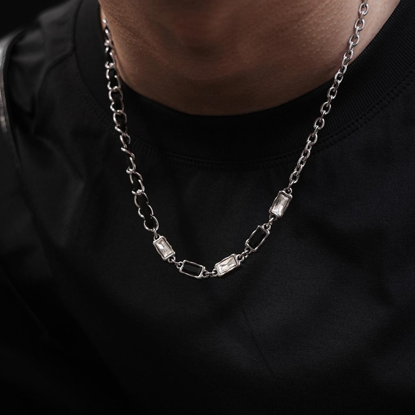 Jewelry Leather Rope Necklace  Gemstone Collarbone Chain in Silver, Men's