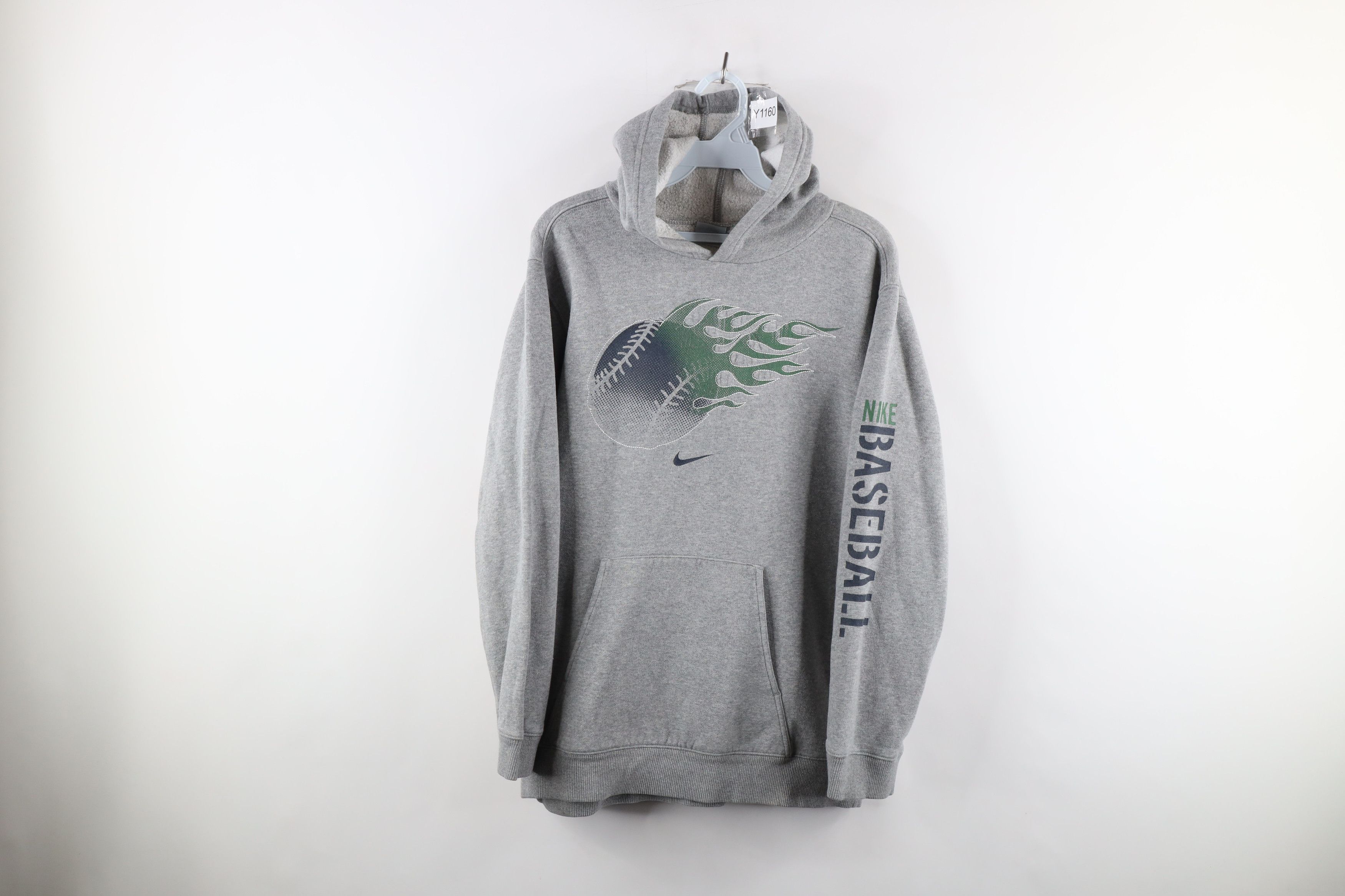 image of Nike Baseball Scott Mini Swoosh Fire Flames Hoodie in Grey, Men's (Size XS)