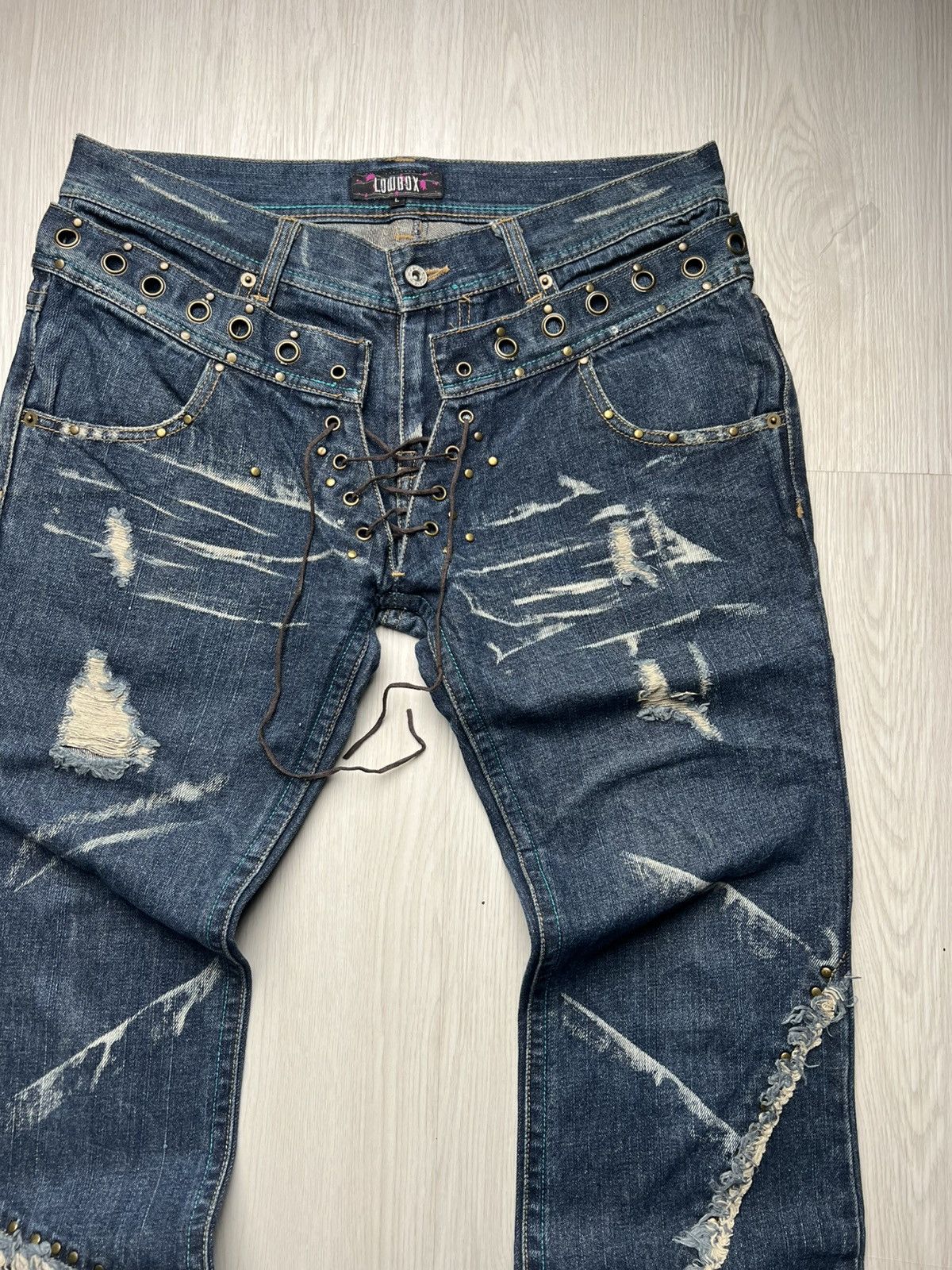 If Six Was Nine Lowbox Double Waist Eyelet Lace Up Flared Denim Size US 33 - 2 Thumbnail