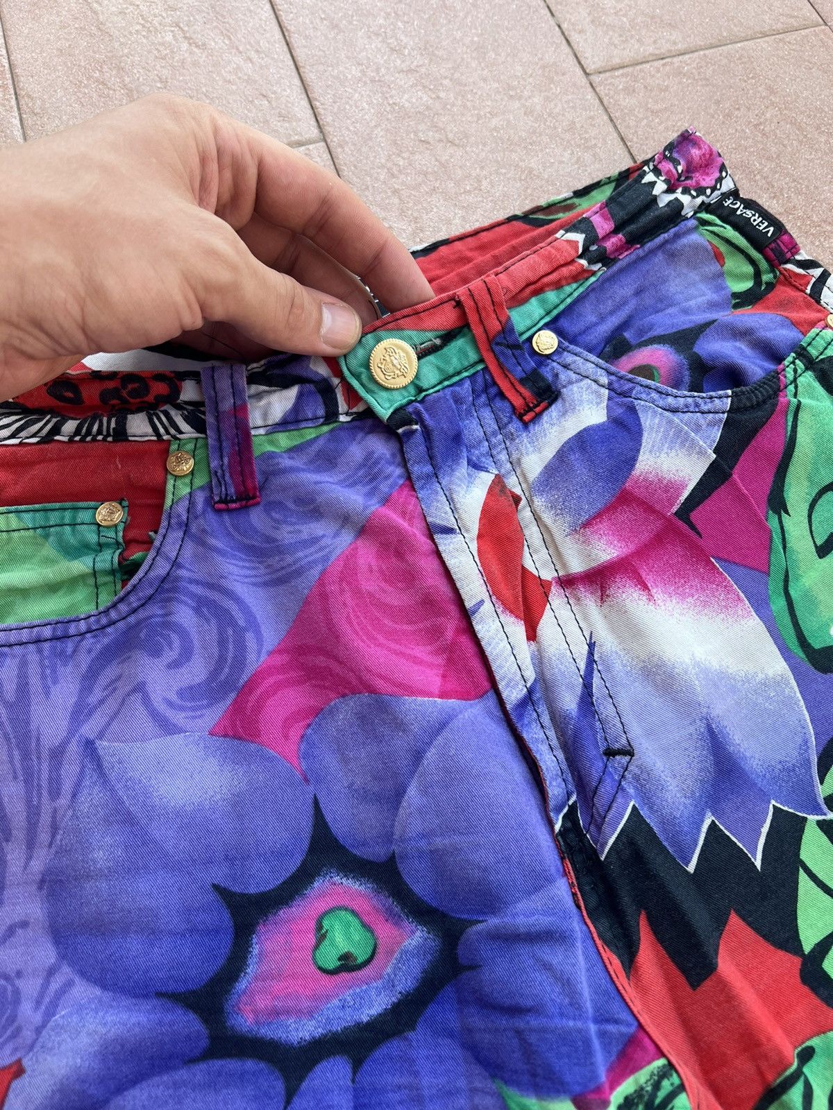 Versace × Vintage Versace Pants Trousers Blue Flower Floral Print 90s Cotton Size 34" / US 12 / IT 48 - 5 Thumbnail