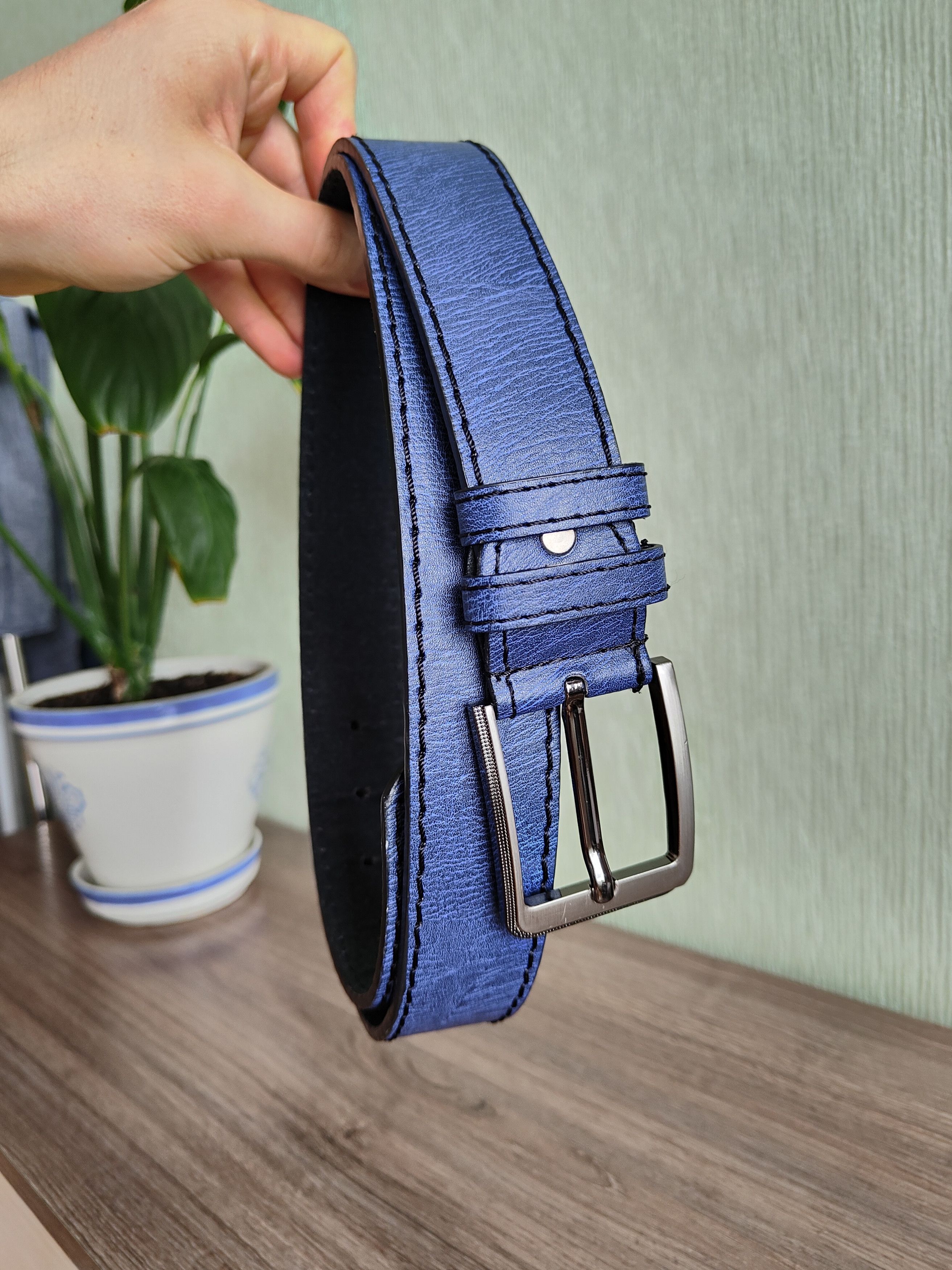 Genuine Leather Men's Leather Belt Blue Nova Check Leather Belt Size ONE SIZE - 1 Thumbnail