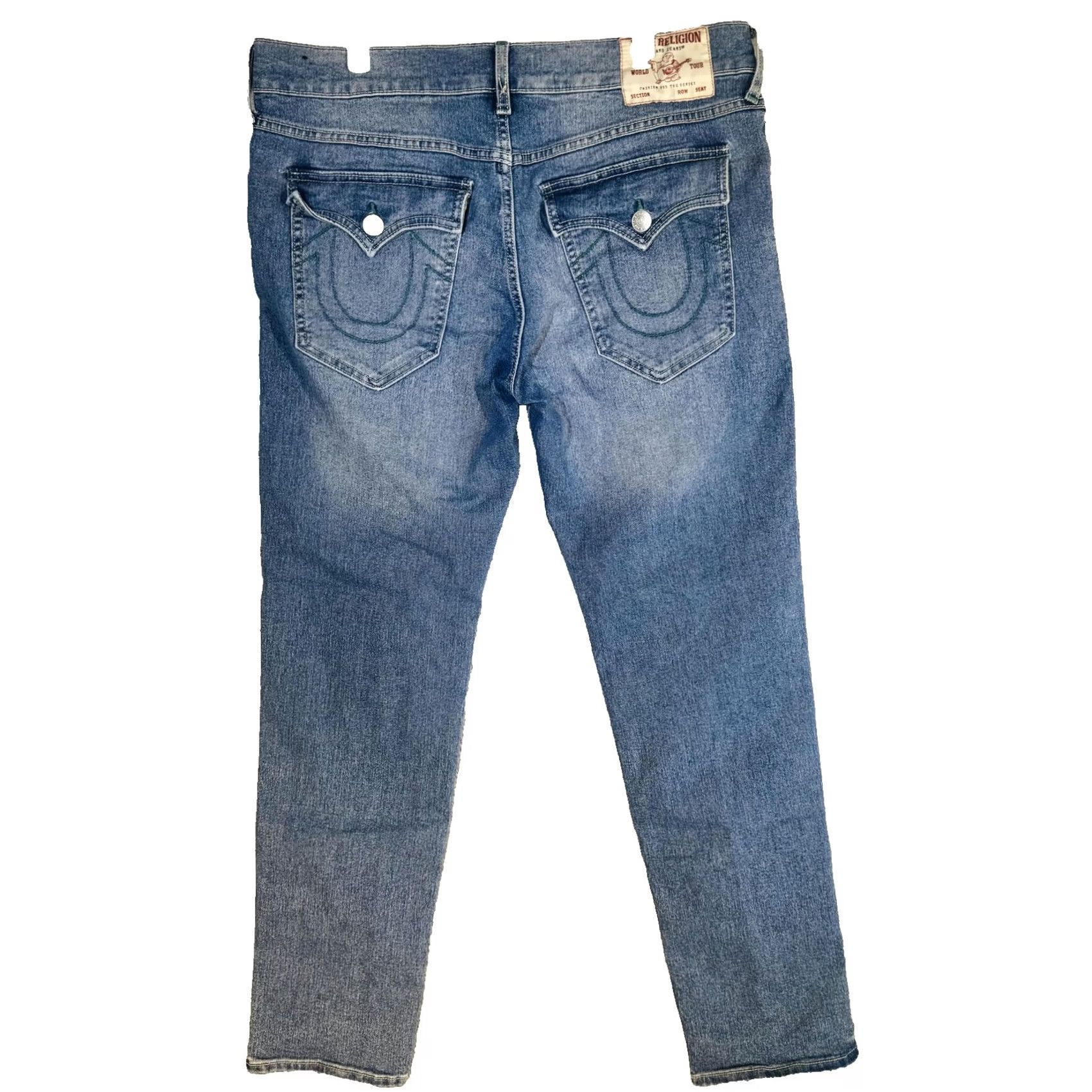 True Religion True Religion Geno Jeans Mens 36x31 Blue Light Wash Tapered Relaxed Zip Fly Logo 5-Pocket Denim Jeans Mens Regular Blue Light Wash Size US 36 / EU 52 - 6 Thumbnail