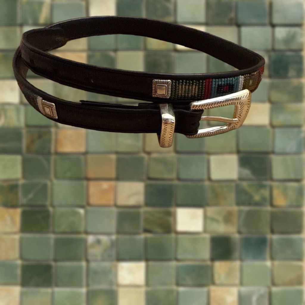 Brighton VINTAGE Brighton Beaded Detail M Black Leather Skinny Belt Silver Tooled Buckle Boho Womens Belt (Western) Size ONE SIZE - 1 Thumbnail