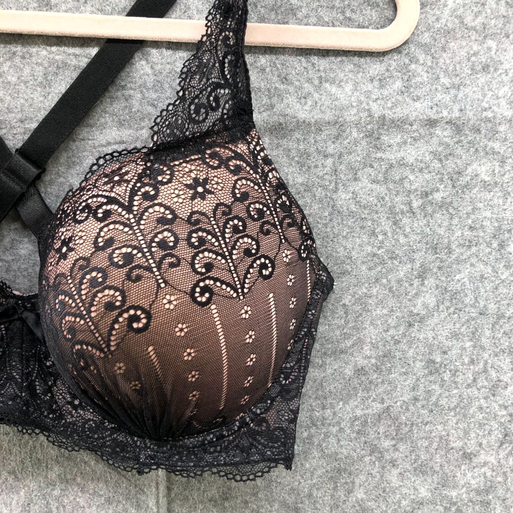 Vintage Prima Valentina Plunge Bra Lace Layer Black Blush Pink 40DD Racerback Lined Underwired T-Shirt Bra Womens Size ONE SIZE - 3 Thumbnail