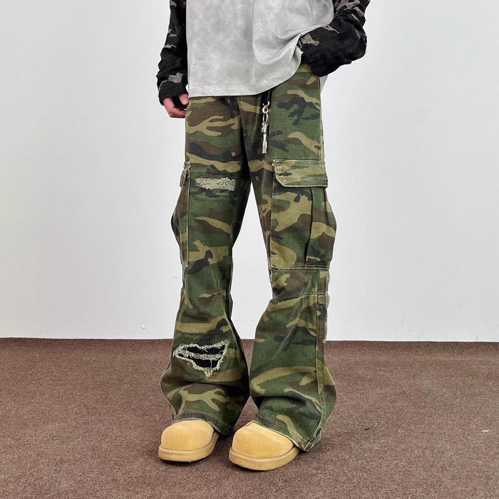 Other Camo Distressed Cargo Stacked Pants, Wide Leg Flared Pants Size US 28 / EU 44 - 2 Thumbnail