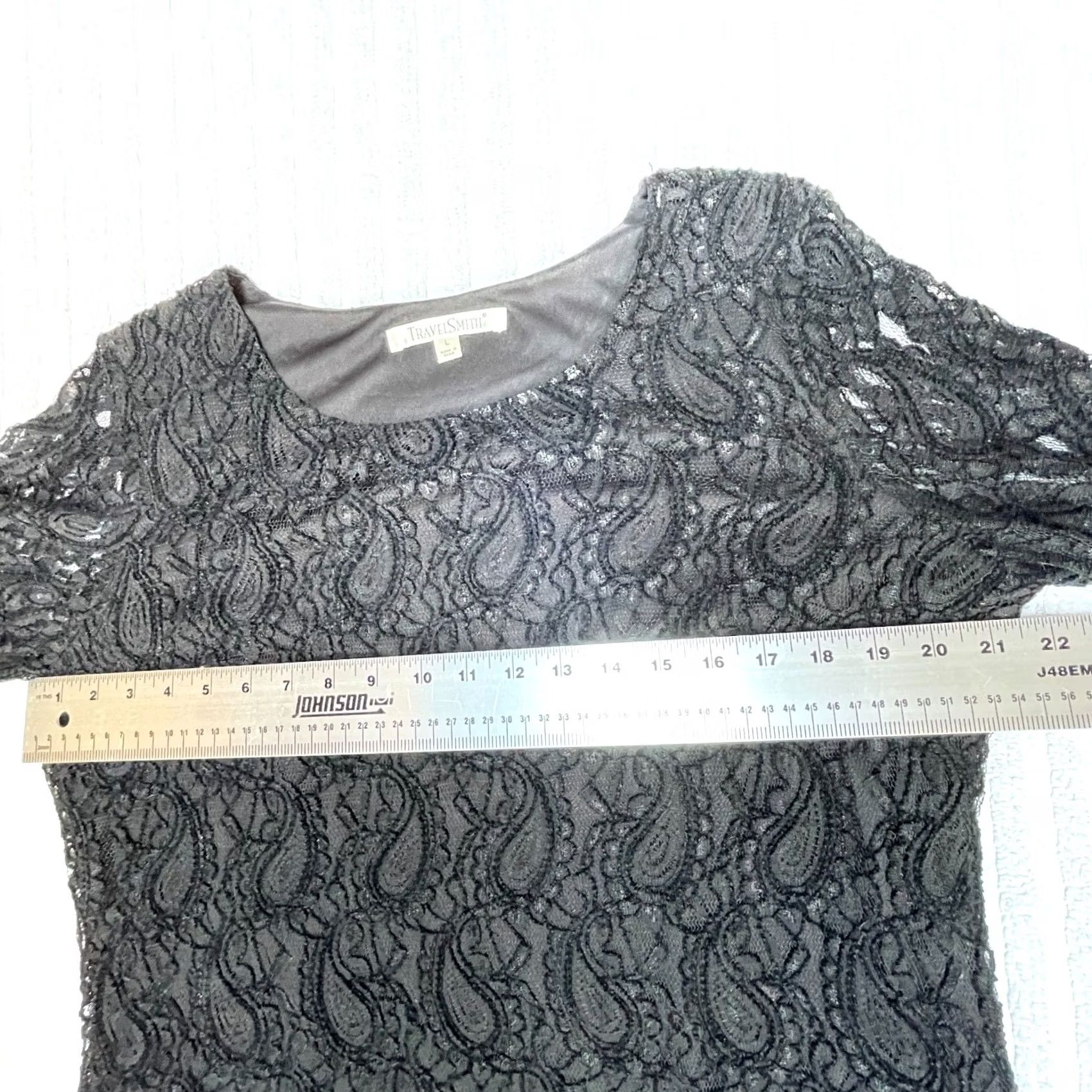 Vintage TravelSmith Womens Round Neck Long Sleeve Paisley Textured Lace Top Black Large Size L / US 10 / IT 46 - 7 Thumbnail