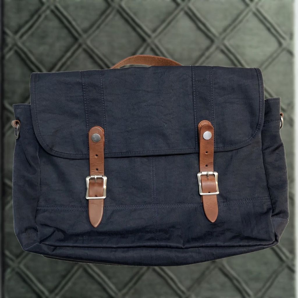 J.Crew J.CREW Canvas & Leather Messenger Bag Navy Brown Adjustable Strap | Work Travel 16in Medium Size ONE SIZE - 1 Thumbnail