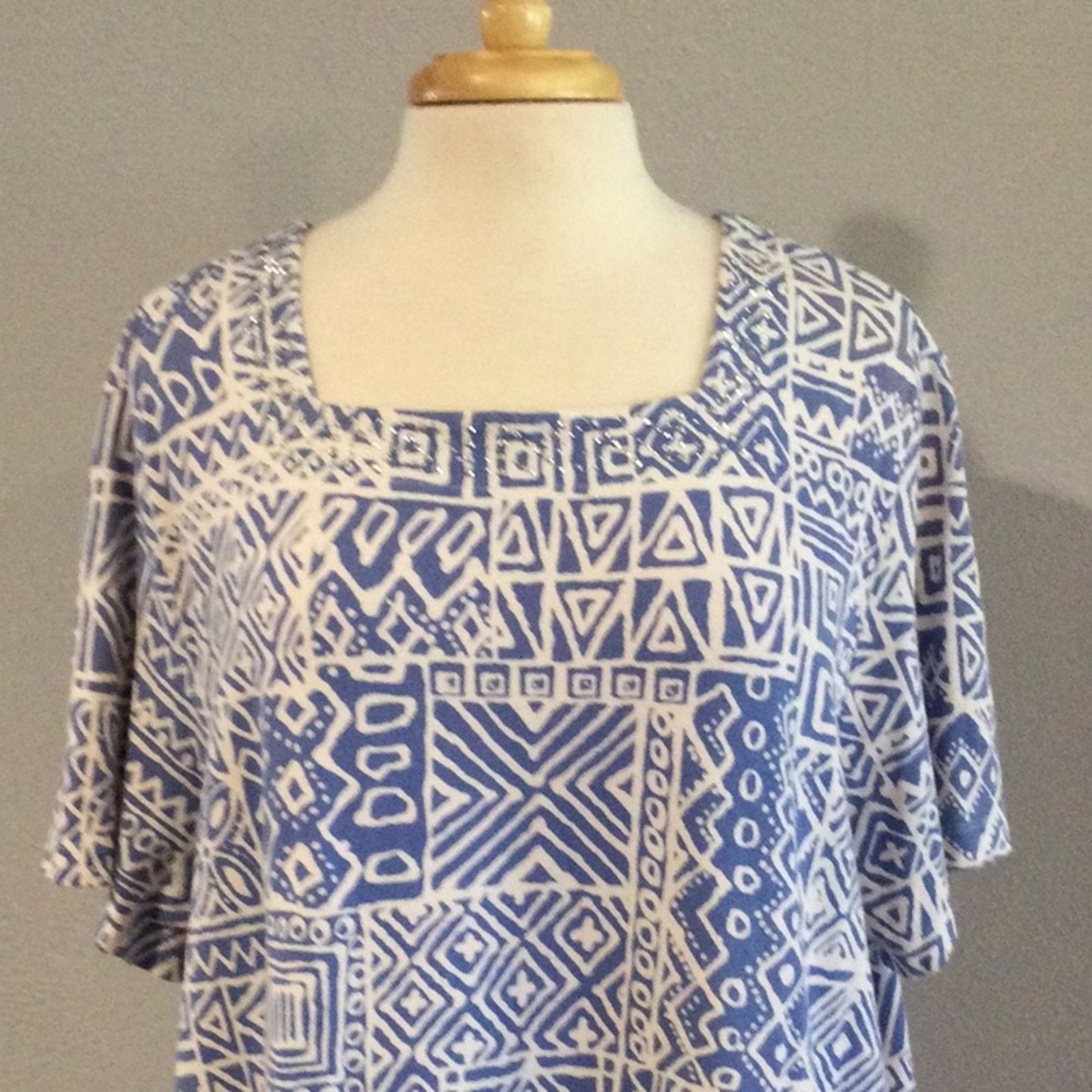 Other Alfred Dunner Blue/White Studded Geometric Print Top 2X Size XXL / US 16-18 / IT 52-54 - 2 Thumbnail