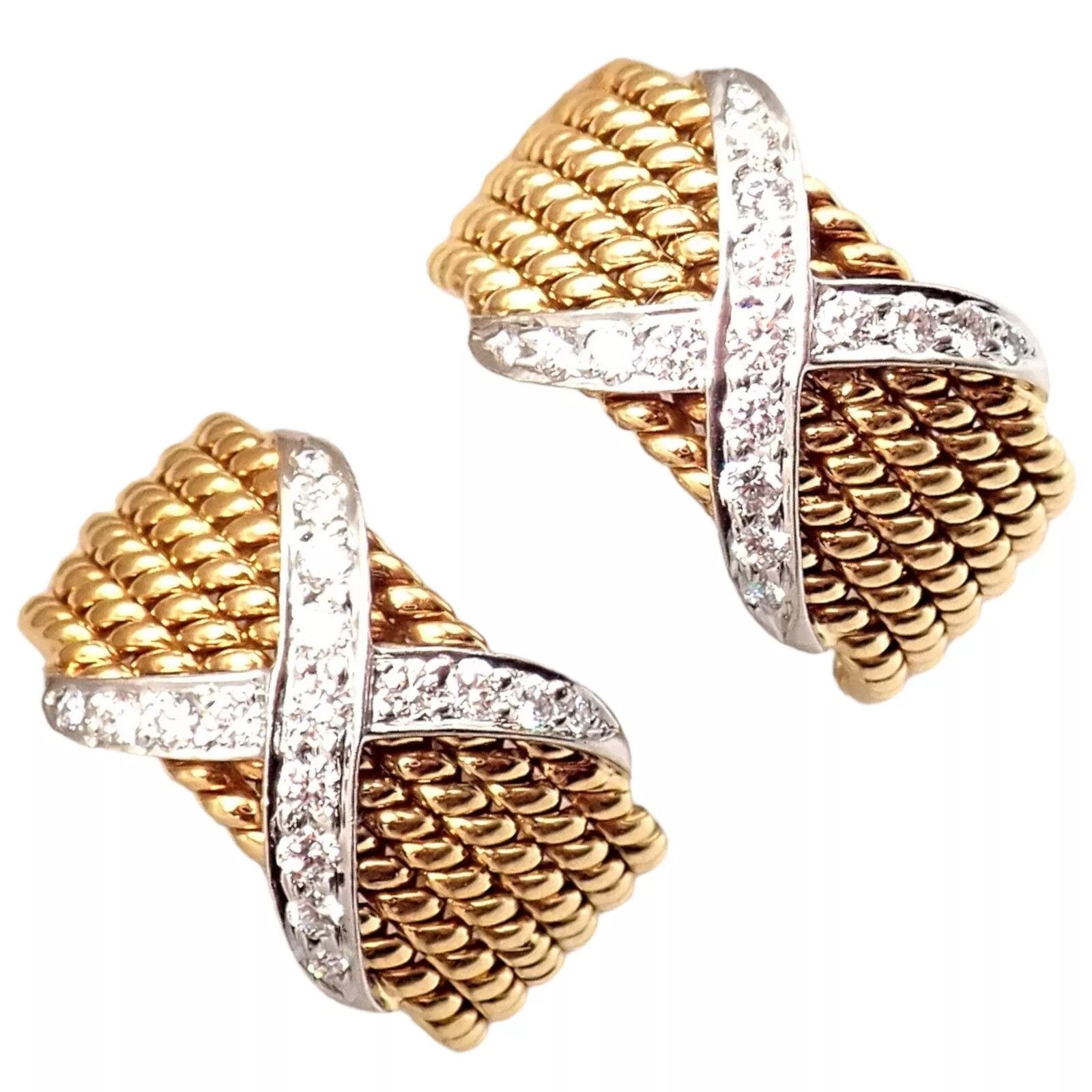 Tiffany & Co. Tiffany & Co Gold Platinum Diamond 6 Row Rope X Earrings Size ONE SIZE - 8 Thumbnail