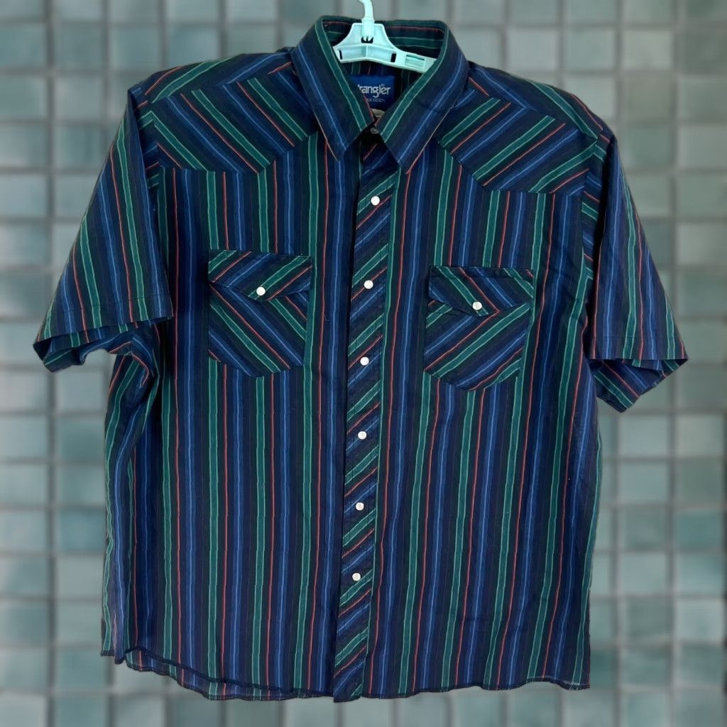 Wrangler Wrangler Western Shirt Striped Button-Up Mens XL Blue/Green Size US XL / EU 56 / 4 - 1 Thumbnail