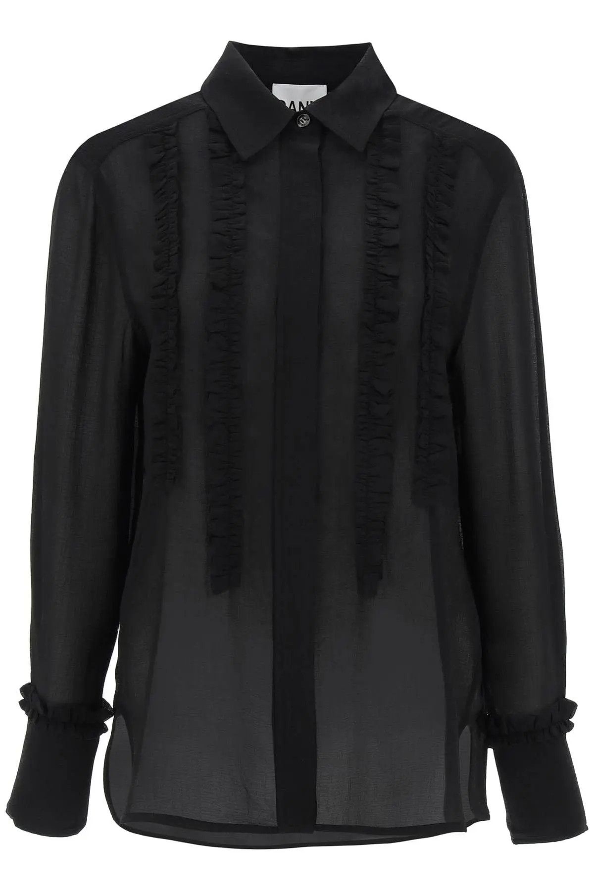 image of Ganni O1S22I1N1223 Ruffled Chiffon Shirt In Black, Women's (Size XS)