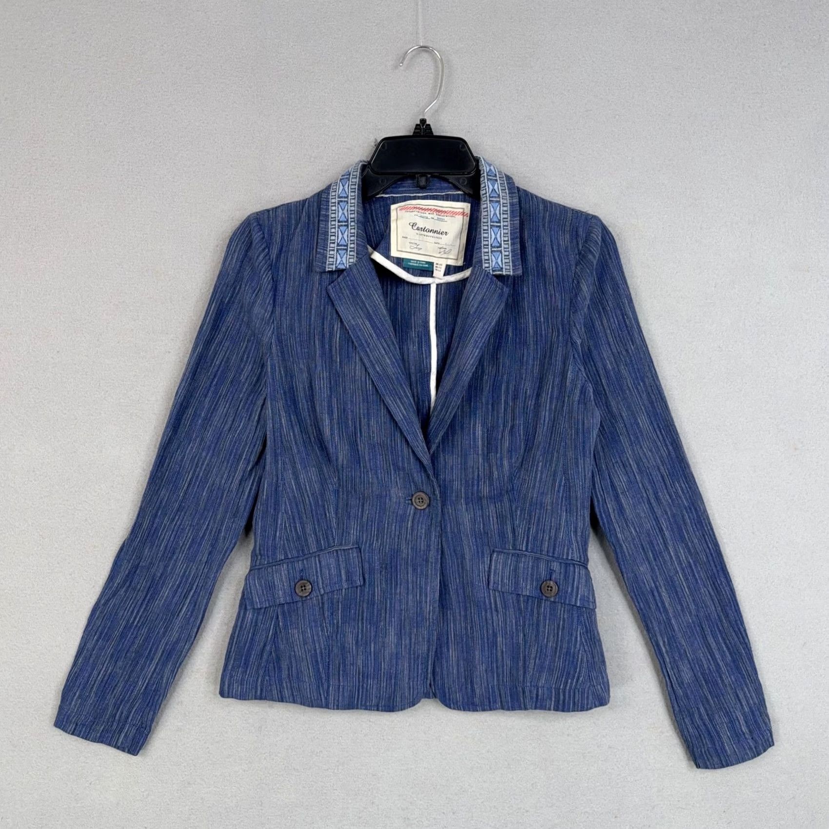 Vintage Cartonnier Blazer Womens 2 Blue Stripe Linen Cotton Embroidered Collar Jacket - Pre-Owned 2 Size XS / US 0-2 / IT 36-38 - 3 Thumbnail