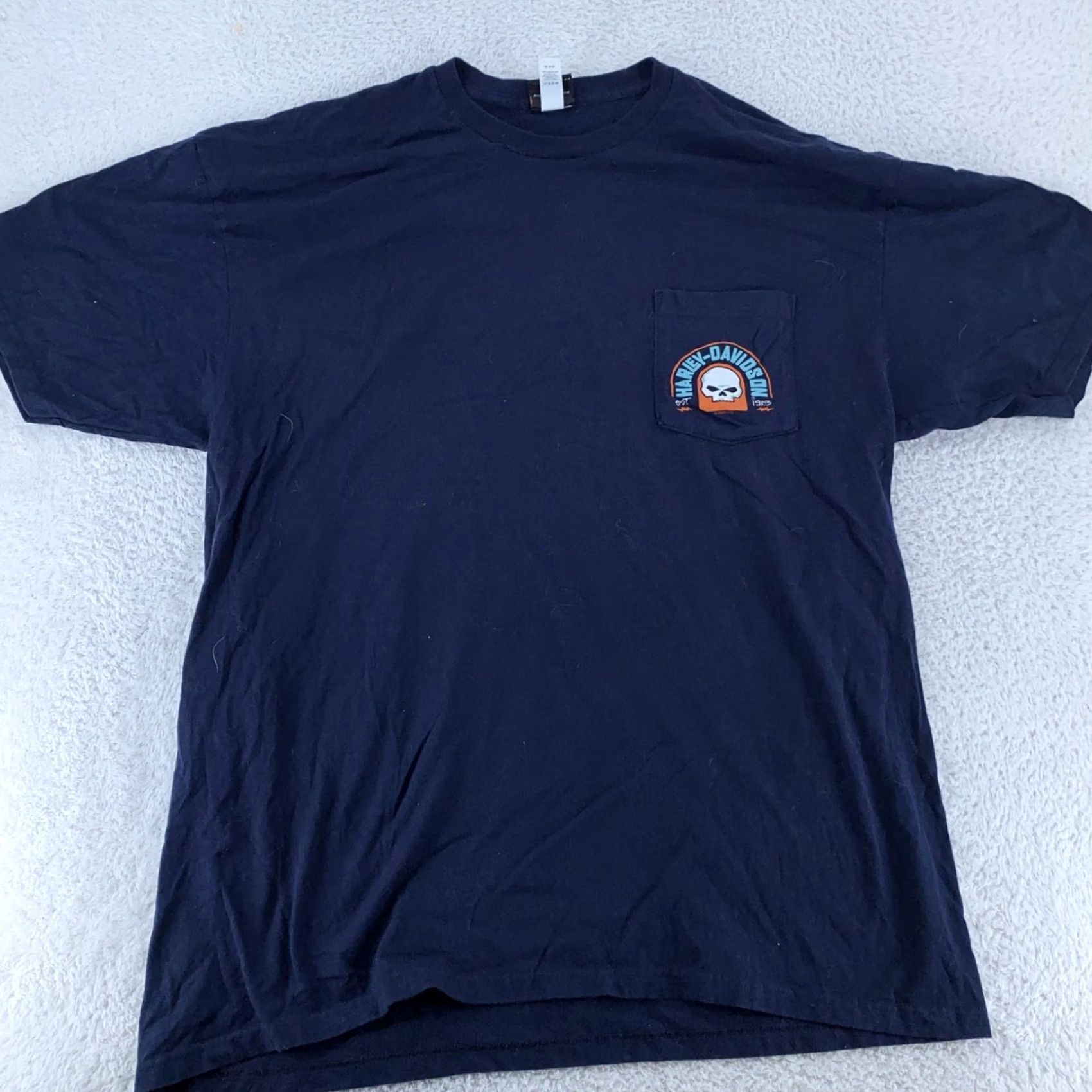 Harley Davidson Harley-Davidson Pocket Shirt Mens XL Blue Motorcycle Skull Logo Graphic Print Short Sleeve Crew Neck Made in Mexico Size US XL / EU 56 / 4 - 3 Thumbnail