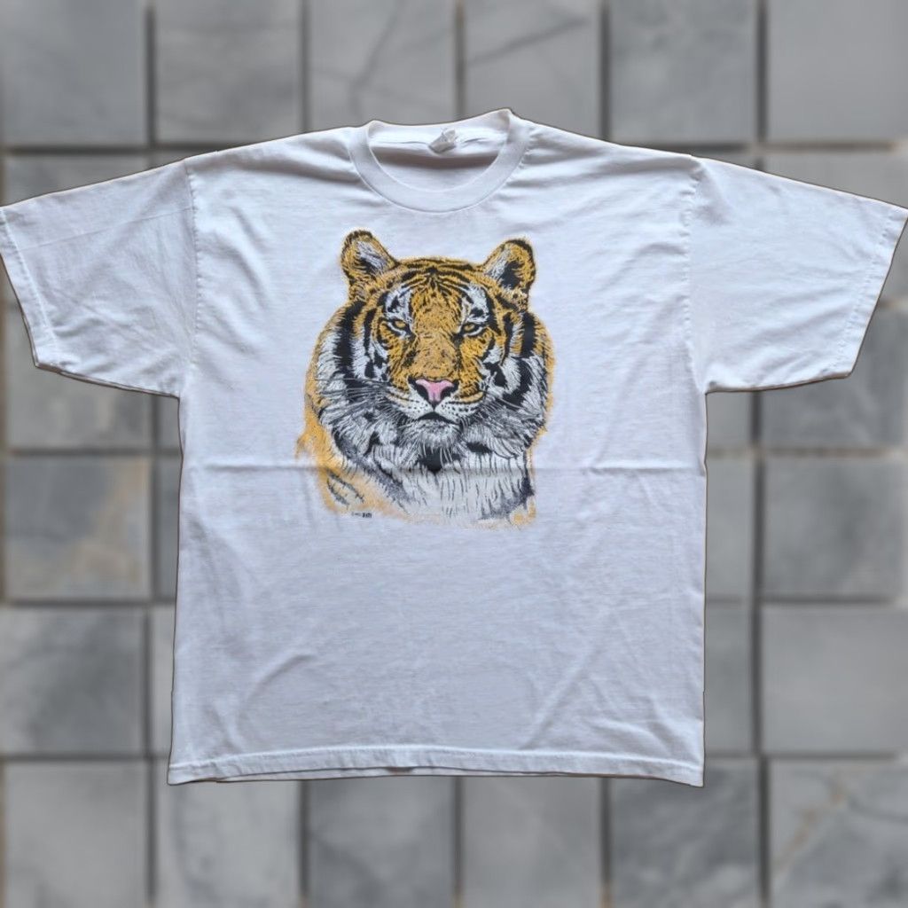 Jerzees VINTAGE Tiger Face Portrait Art Nature Jerzees 90s Big Face VTG Shirt L White Unisex Adults Mens Womens Boys Girls Size US L / EU 52-54 / 3 - 1 Thumbnail