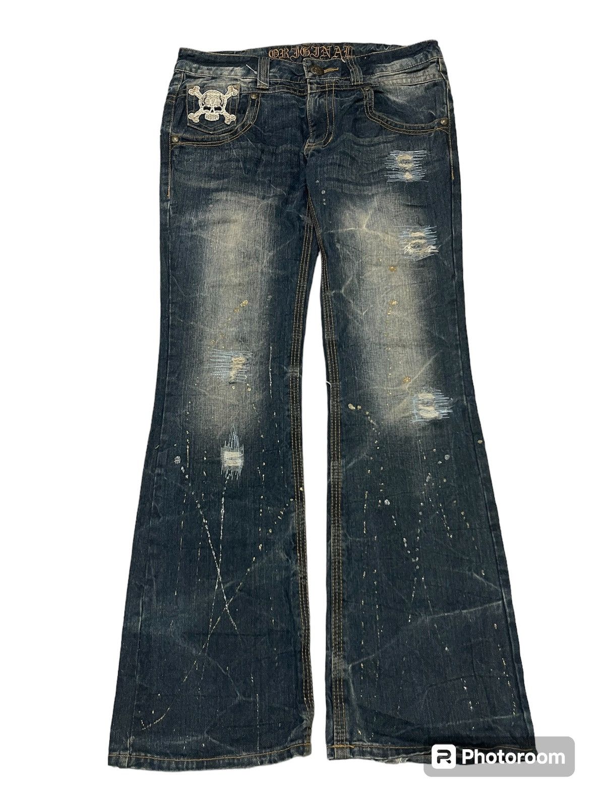 20471120 2000s JAPANESE-BRAND FLARE EMBROIDERED SKULL JEANS Size US 33 - 1 Thumbnail