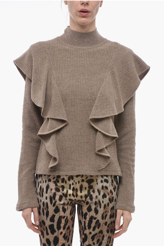 image of Chloe Turtleneck Wool Sweater With Ruffled Sleeves in Beige, Women's (Size Medium)