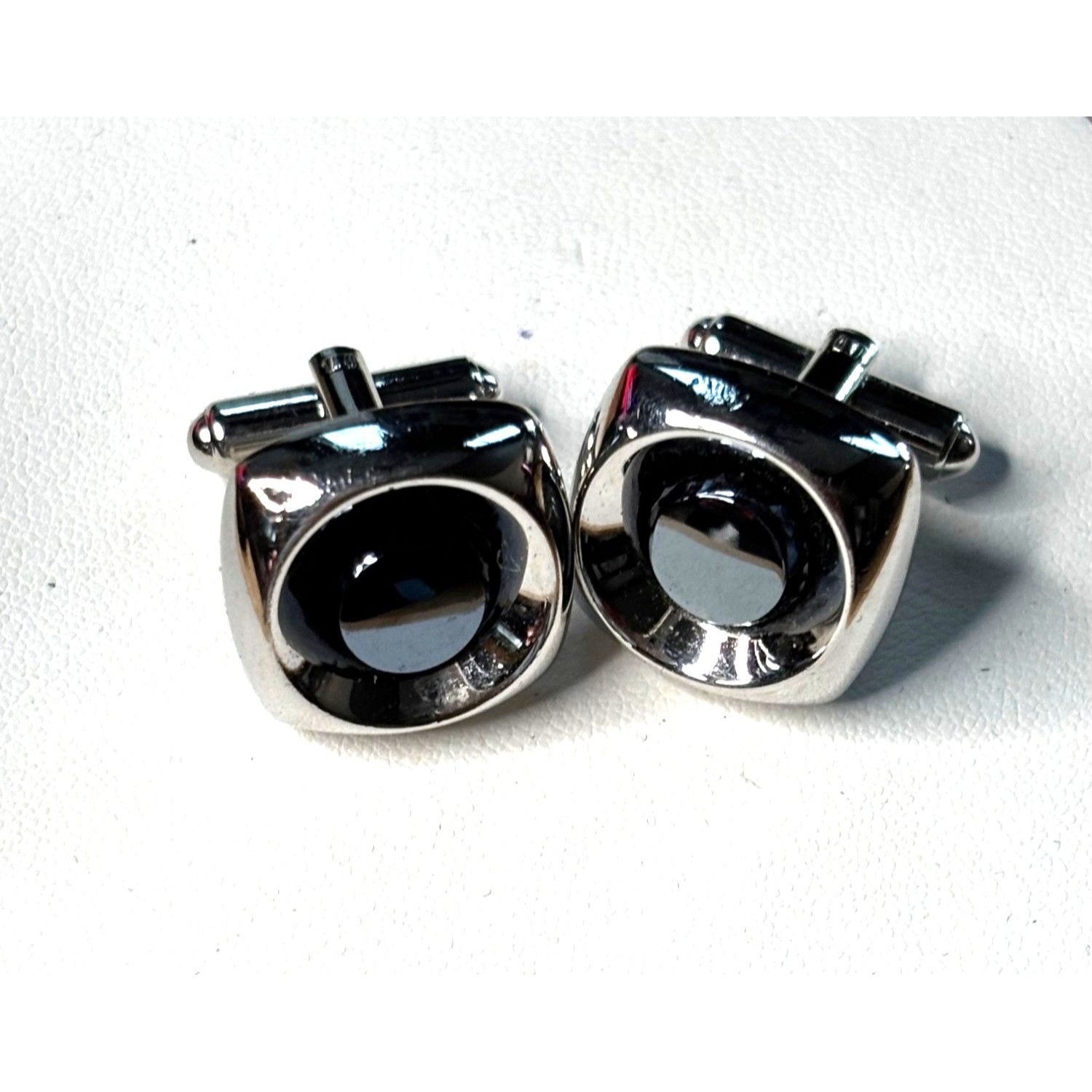 Other Silver & Black Round Cufflinks With Polished Finish & Swivel Size ONE SIZE - 1 Thumbnail