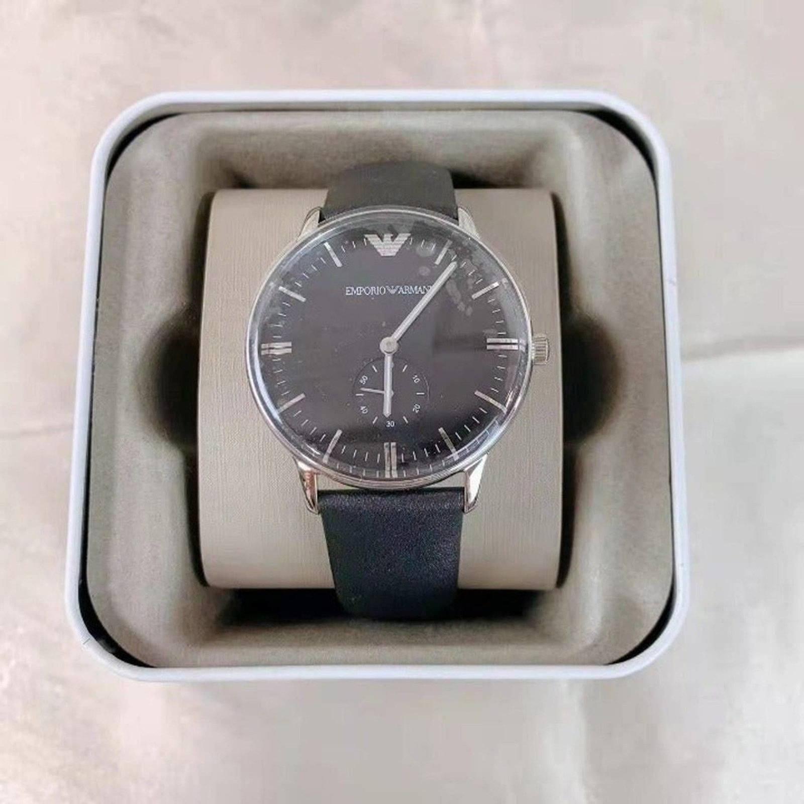 Emporio Armani Emporio Armani AR0382 Men's Two-Hand Black Leather Watch Size ONE SIZE - 1 Thumbnail