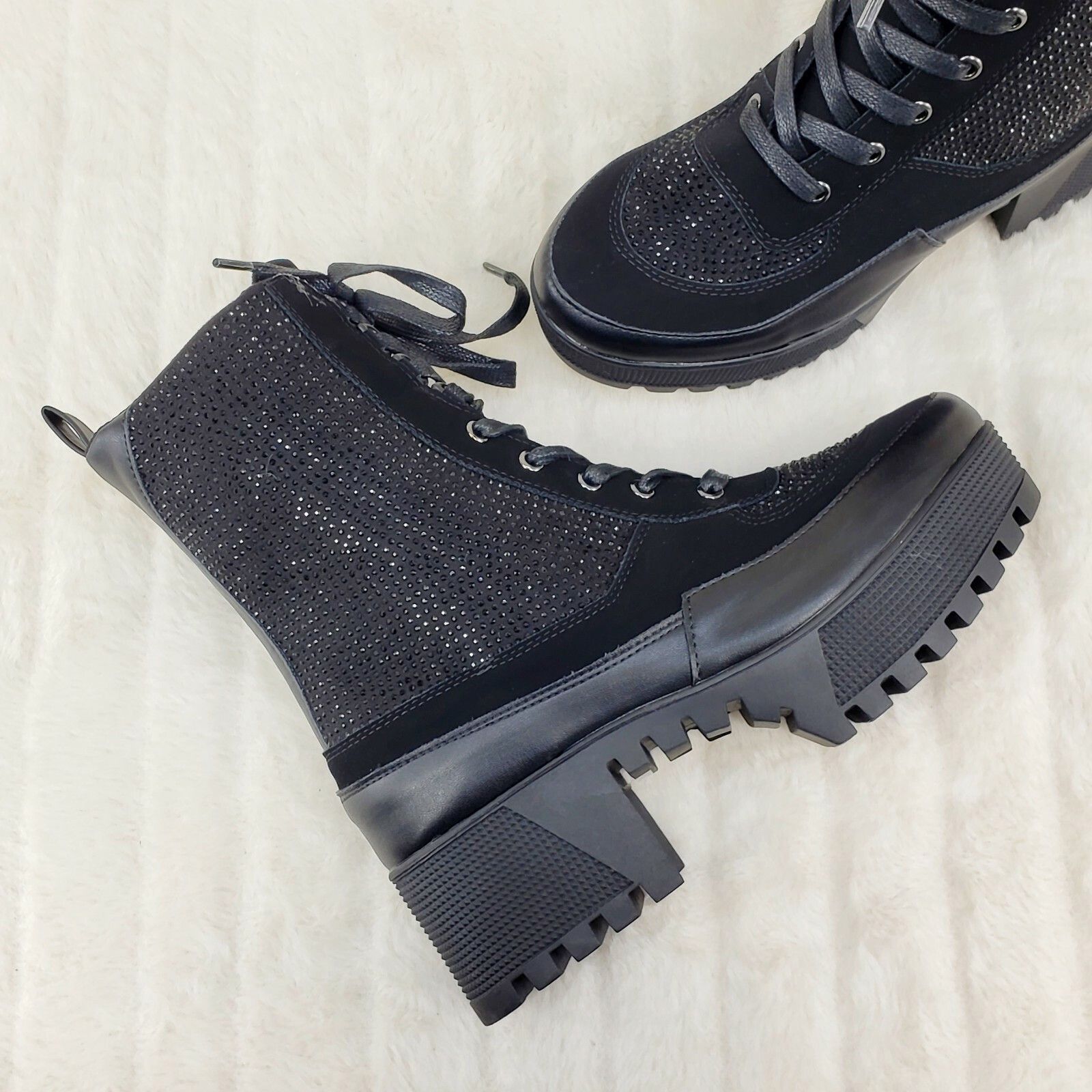 Other Diva Shine Black Rhinestone Lace Up Platform Combat Ankle Bo Size US 10 / IT 40 - 4 Thumbnail
