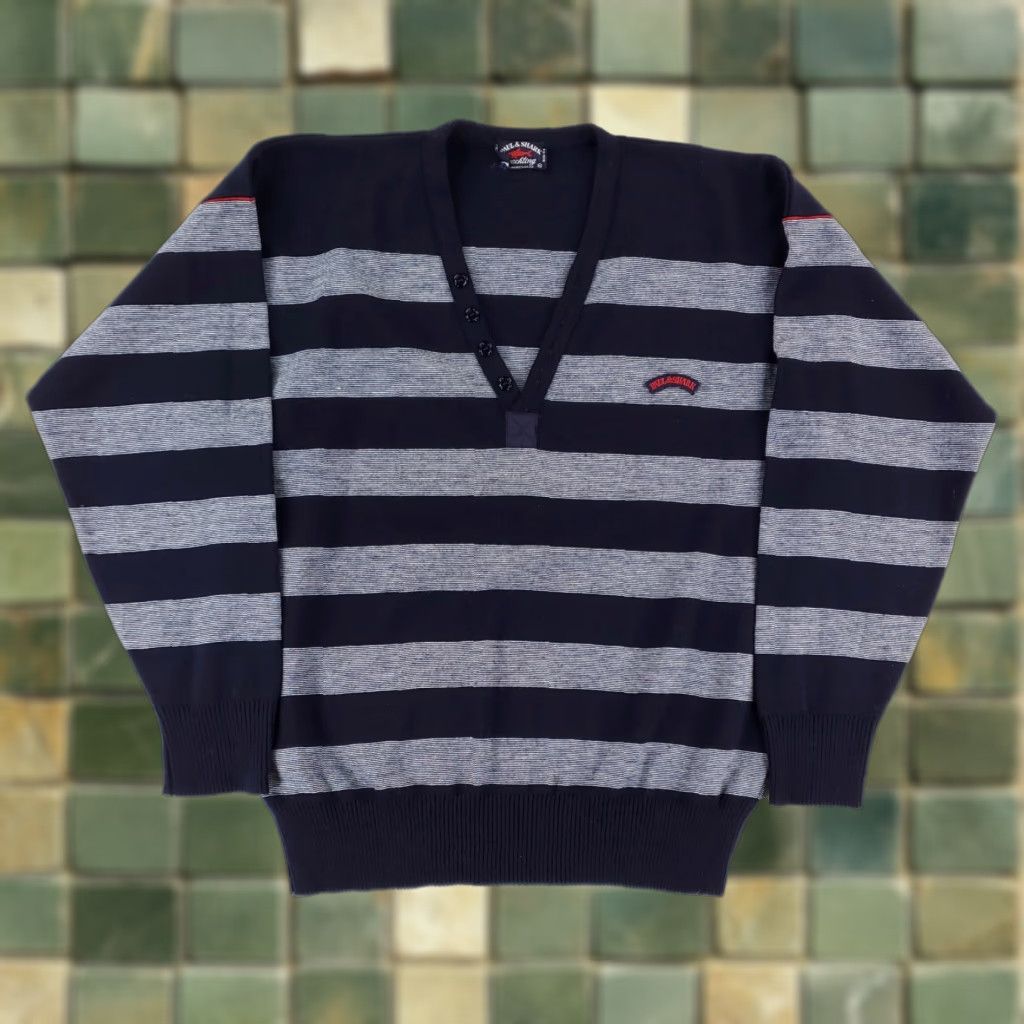 Paul & Shark Paul & Shark V Neck Henley Sweater Wool Blend Striped Mens XL Blue Grey Size US XL / EU 56 / 4 - 1 Thumbnail