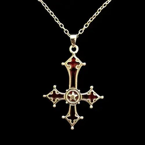 Jewelry Chrome Red Silver Cross Goth God Pendant Necklace Star Demon Size ONE SIZE - 1 Thumbnail