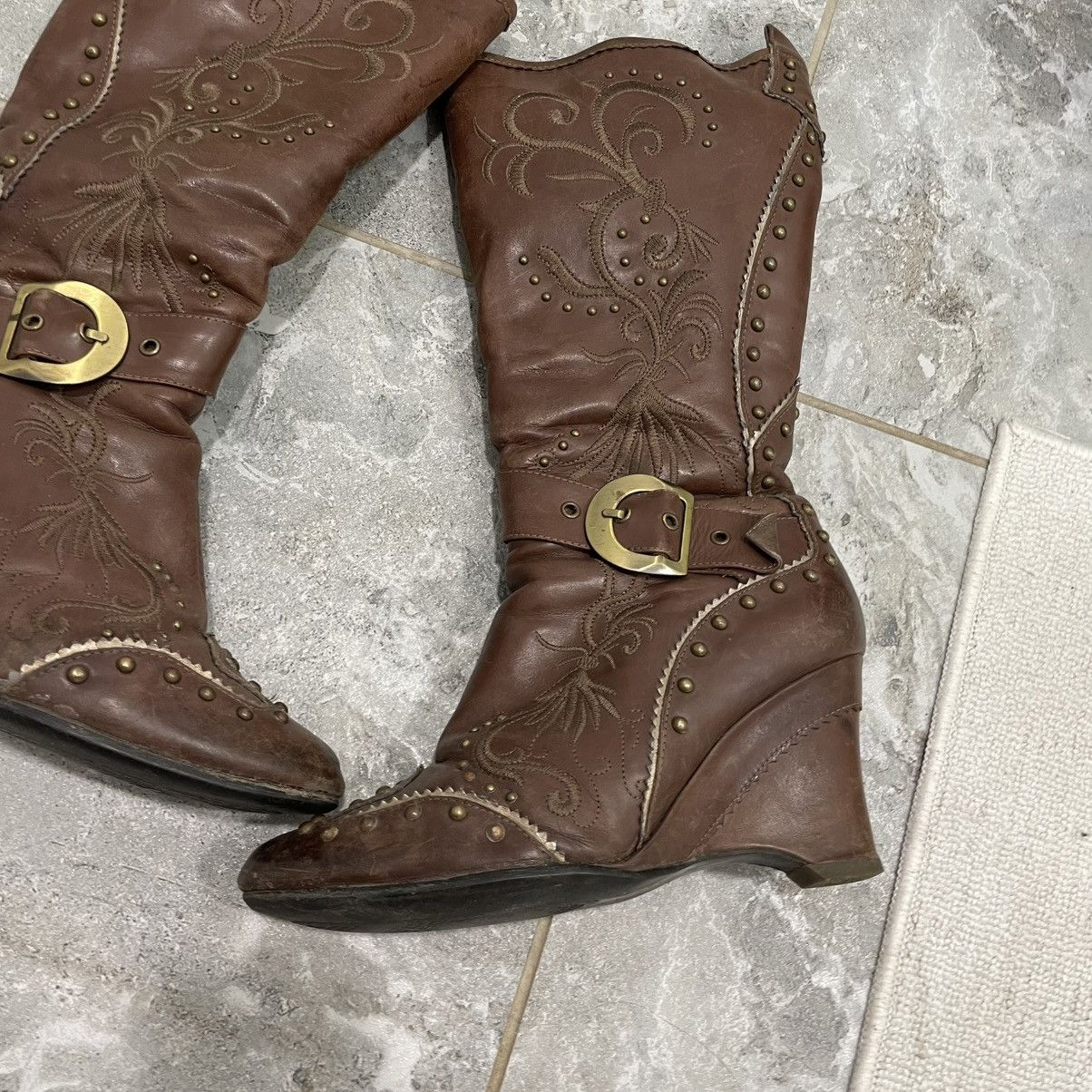 Vintage 90s Texas Western brown Leather Boots Heel shoes aztec Size US 8 / IT 38 - 5 Thumbnail