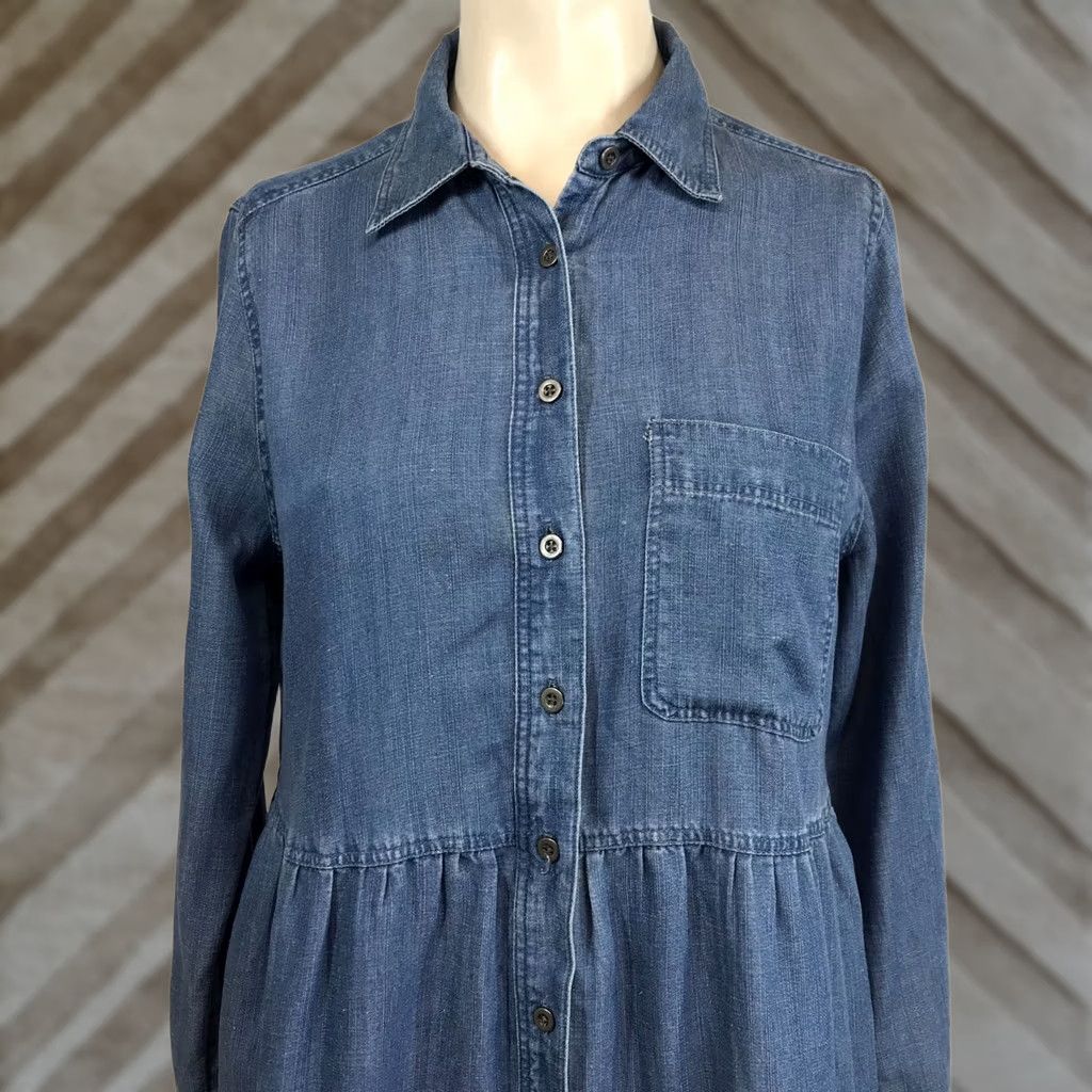 Loft LOFT WOMEN'S S BLUE DENIM LONG SLEEVE BUTTON LYOCELL RUFFLE DRESS Shirt Dress Small/XS? Wait: Correction needed. Size S / US 4 / IT 40 - 1 Thumbnail