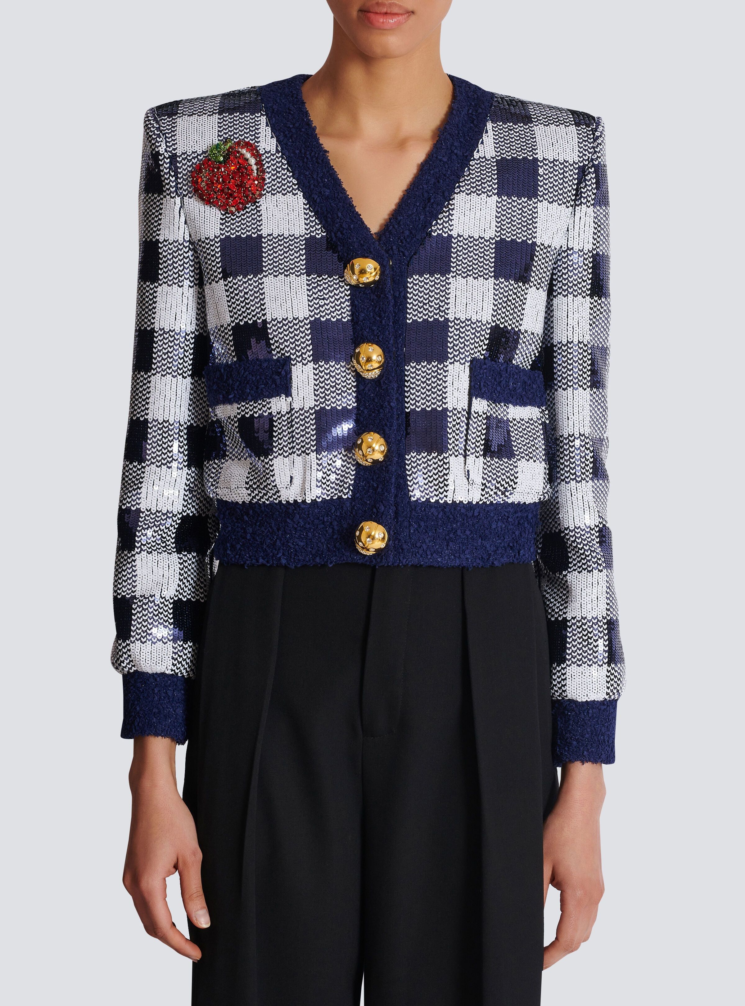 Balmain o1s1wg110825 Sequin Embellished Gingham Jacket in Blue Size L / US 10 / IT 46 - 2 Thumbnail