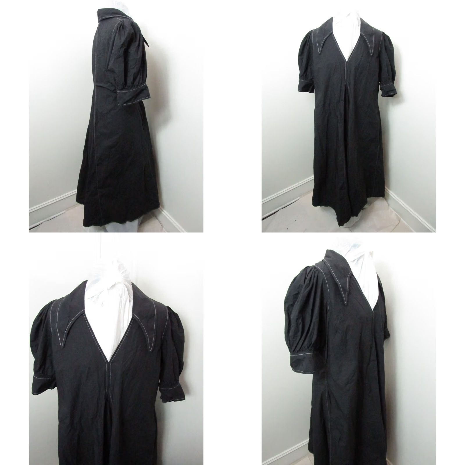 Ganni GANNI Dress Midi Black White Stitching Puff Sleeve V-Neck Pullover Large Women Regular Dress Size L / US 10 / IT 46 - 10 Thumbnail